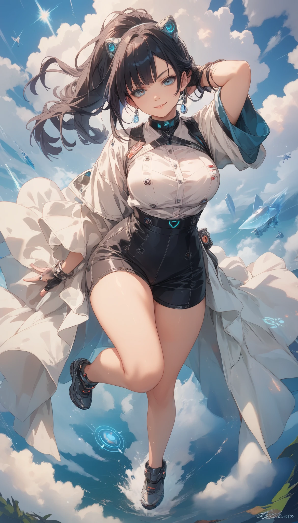 full body A futuristic anime girl with long, straight black hair cascading down her back, dressed in a sleek white button-up shirt with high-tech buttons that glow softly. She stands with one hand resting on her collar, her gaze directed toward the viewer with a slight smirk. Her outfit has a minimalist yet advanced style, matching the high-tech sci-fi aesthetic.The background is pure white