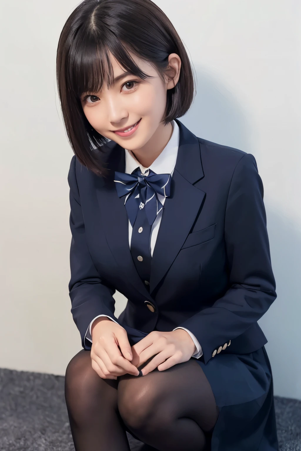 (masutepiece, Best Quality, Illustration, Ultra-detailed, finely detail), hight resolution, 8K Wallpapers,  Raw photo、1 girl, Female, (1.8), School, Schoolgirl, Blazer, uniform, (Ultra-realistic pantyhose:1.5)、Pubic hair visible, , Skirt boldly pulled up, ((Sit on a chair、Keep your legs wide open)), Bend your knees and open your legs, slightly shorter hairstyle, Grab your knees with your hands to open your legs, Buttoned shirt flutters、Unbutton the、Inviting smile、