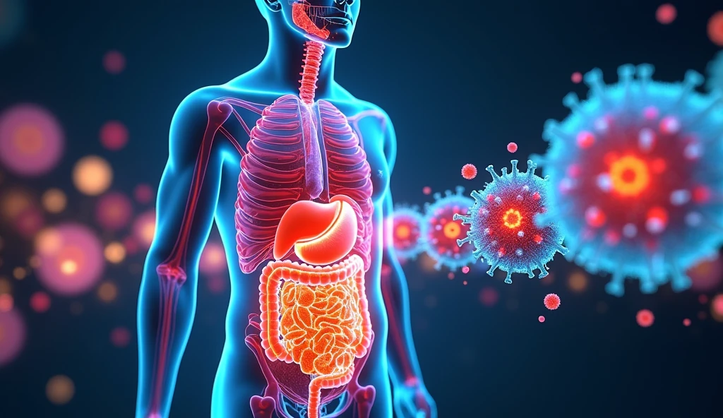 Image of a beautiful woman from the front looking in profile, visible nervous system, visible brain, visible intestine, brain to gut connection bright white, with light orange and blue colors