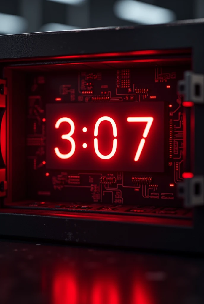 A digital clock inside the safe marking 3:07 , with a dark red background and technology details.