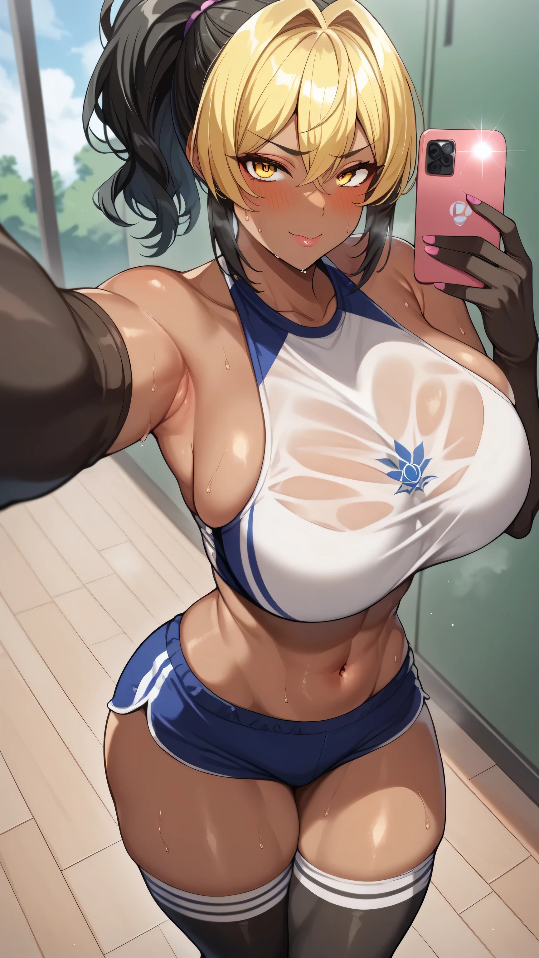  anime illustration,( black hair , yellow eyes, dark skin tone , Harajuku fashion ,:1.12),Alone,(( Big Breasts , sport healthily:1.3))、( perfect eyes,  top quality:1.2), Big and Rich Breasts , top quality、 perfect balance , blonde alone、  Lower abdomen , , Seductive Pose 、(( selfie 、Big Breasts,))、thick thighs、(( shiny hair,  growing skin)),1000+ Favorites feature、、 stockings that go above the knee 、 long gloves that go above the elbow、 is shy、blush、sweat