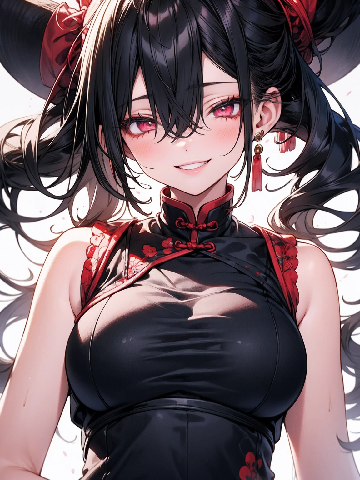 woman, red eyes, ombre black and green long wavy hair, noble, wearing a black unifrom, wearing flowers on her head. sadistic smile. cruel