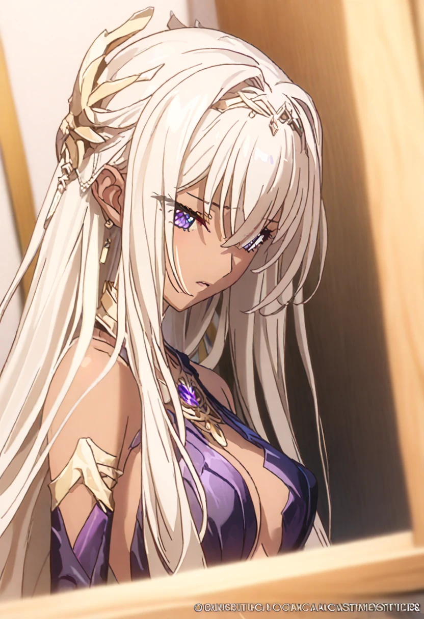 (masterpiece,   high quality ,  best size   ,   official art ,   Beautiful and aesthetic  :1.2), )), ((  1girl)),   extremely detailed ,  BREAK,  blunt bangs,  hair, (  to the hair between the eyes ), eyelashes,   purple eyes , (  dark skin  :1.2),   Colorful  , purple bikini , in the fitting room, changes clothes, sex,