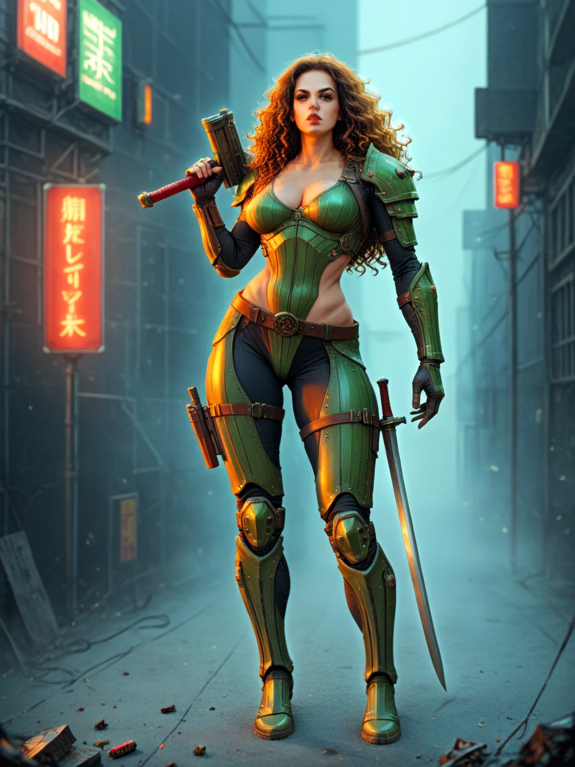 Girl full Body View wearing a ultrarealistc Style Future armor made of metal, painted in matt orange and glossy blue and Green stripes, color white signs of wear, The armor has abrasions, dents and bullet holes, girl has tattooed face and black curly hair, she has a confident pose, As weapons she carries a sword and a plasma pistol, she have big breasts, she have Chocolate-colored skin, she stands in a post-apocalyptic city, She licks her lips