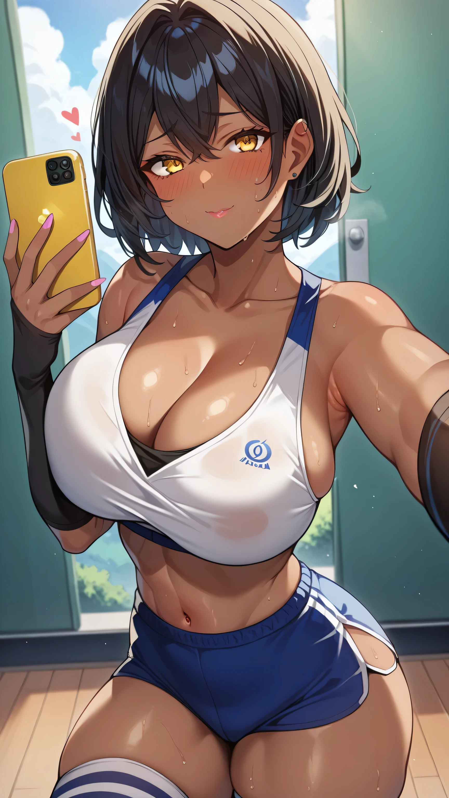  anime illustration,( black hair , yellow eyes, dark skin tone , Harajuku fashion ,:1.12),Alone,(( Big Breasts , sport healthily:1.3))、( perfect eyes,  top quality:1.2), Big and Rich Breasts , top quality、 perfect balance , blonde alone、  Lower abdomen , , Seductive Pose 、(( selfie 、Big Breasts,))、thick thighs、(( shiny hair,  growing skin)),1000+ Favorites feature、、 stockings that go above the knee 、 long gloves that go above the elbow、 is shy、blush、sweat