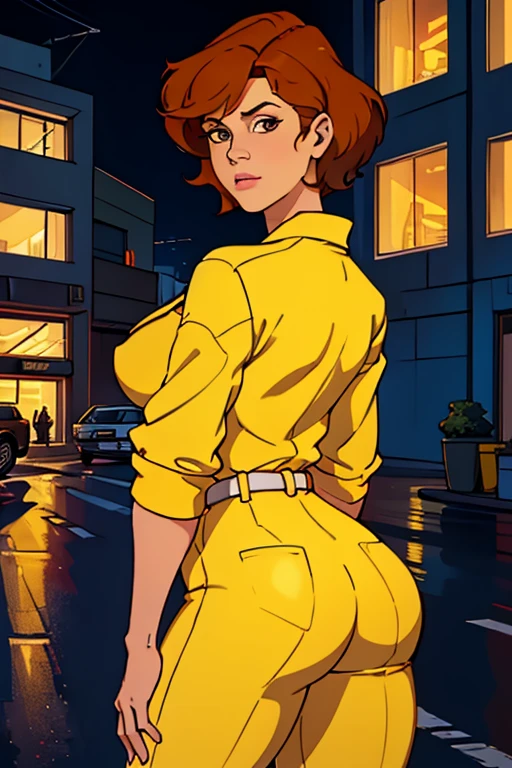 absurdres, april o'neil, 1girl, short brown hair, black eyes, upper body, yellow jumpsuit, sleeves rolled up, white belt, showing rear end,