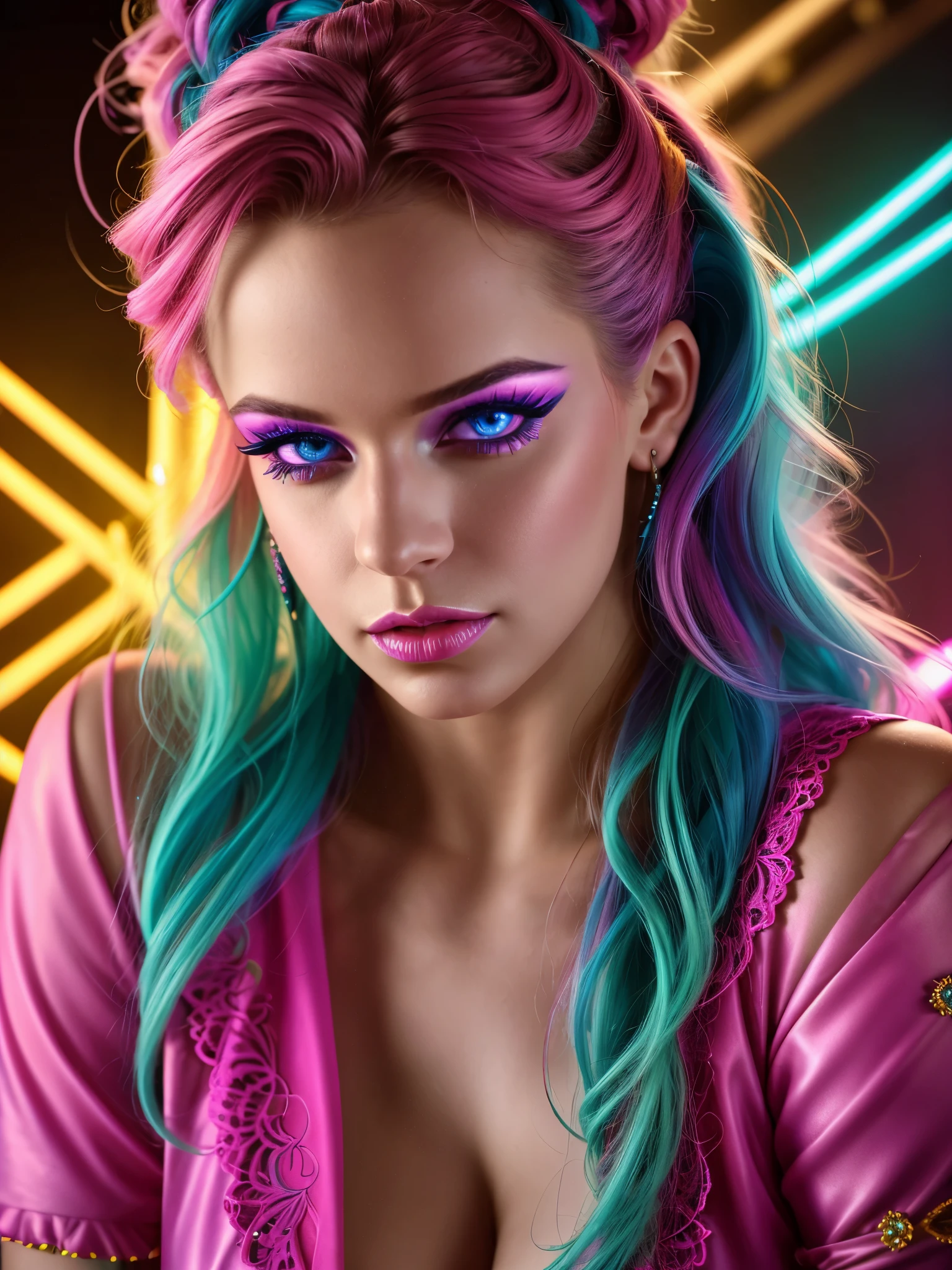 Jessica Simpson, woman in a bikini with braids and a choke, wearing pearl neon bikini, colorful pigtail, blond hair with pigtails, y 2 k cutecore clowncore, blonde goddess, electronic bikini, rave inspired, bold rave outfit, decora inspired, cute rave outfit, divine ray over her head, rave outfit, cute bikini, lone petite female goddess. back view, captured from behind