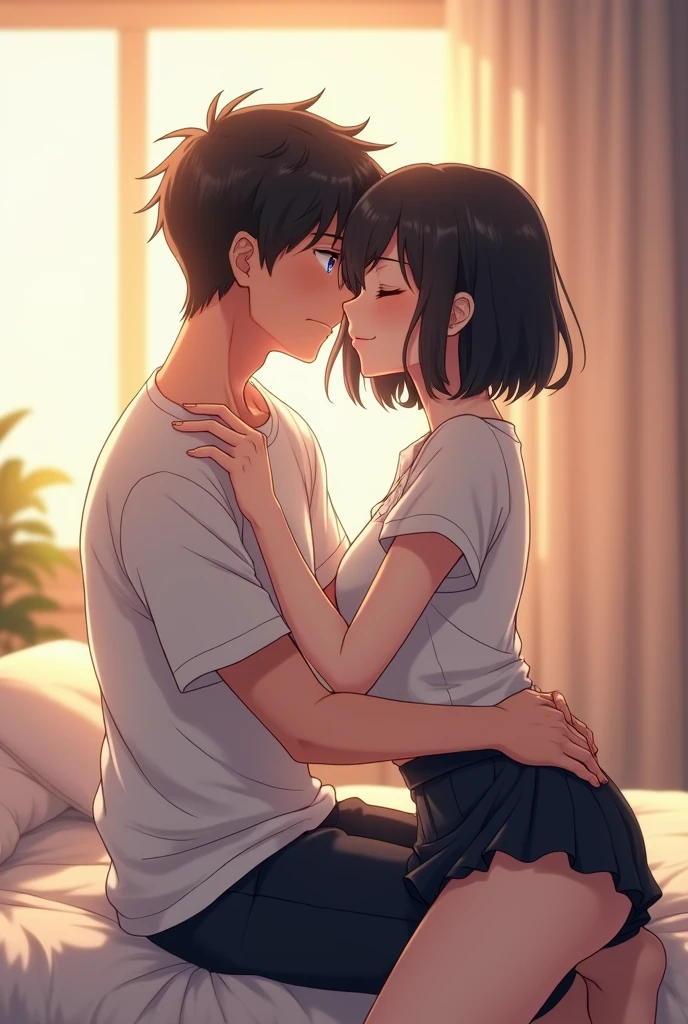 girl and boy, girl have black hair and green eyes, girl is wearing plain white shirt and denim shorts, boy have black hair and brown eyes, boy is wearing no shirt and jeans, boy and girl kissing on a desk, high res, ultrasharp, 8K, masterpiece,