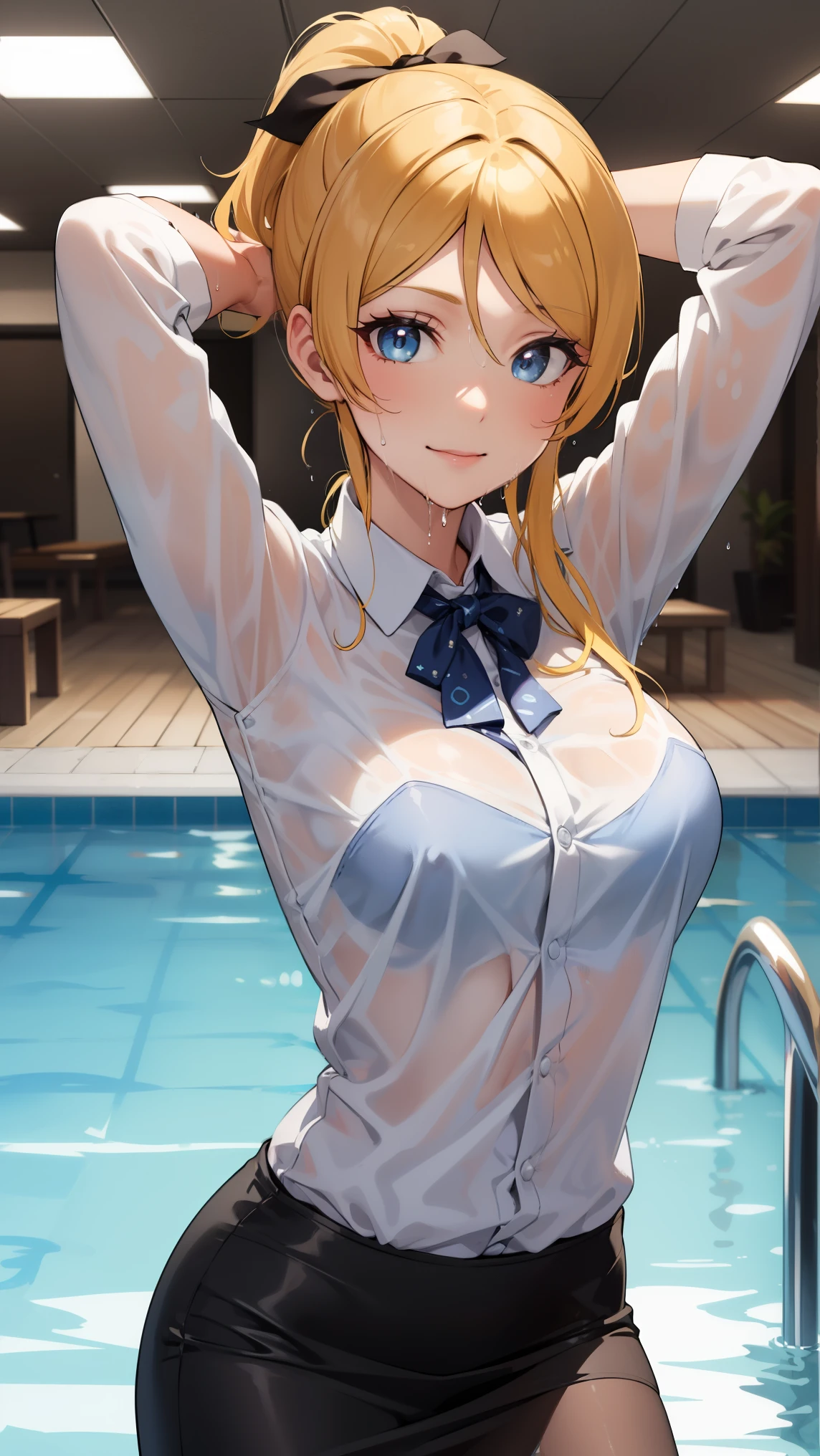 swimming pool, hooligan, sitting in the pool edge, looks at the viewer, ssmile, grin, criminal, laughting, shirt unbuttoned, stooping forward, handsome body(Perfect Anatomy 1.1), medium chest size, bare breasts, bathing suit, madwoman, vulgar, Erotica, half naked, beautiful breasts, waist, bare buttocks, sexy body, hight resolution, 1girl, 独奏, hairlong, blonde woman, dangerous,vivid eyes,Yellow eyes, Odin, Mesmerizing eyes,Confident,superior, naughty, (power \(chainsaw man\),), red horns, Energy from a chainsaw, Red horns on the head, Cool anime 8K, Clean and detailed anime art, 4K Manga Wallpapers, Подробный портрет Anime Girl, Anime 4K Style, Anime Art Wallpapers 4K, Anime Art Wallpaper 4K Masterpiece, Gorgeous, Best Quality,