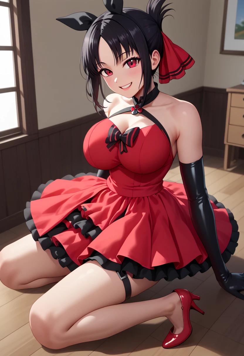 (nsfw)、(cowgirl position sex),　(gigantic breasts),  score_9, detailed, (detailed face), cute face, detailed eyes, Kaguya Shinomiya, teeth,Alone, looking at viewer, masterpiece, best quality, medium breasts, gentle eyes, professional photo, (waiting room), looking at viewer,  SteelLadyNanaseDress, (two colored dress, black dress、　 red dress:1.3), frilled dress, criss-cross halter,  (crosslace corset),  thigh straps, black elbow gloves,  glossy gloves, bare shoulders, red highheels,red bow, black bow, black hair, bangs, red ribbon, hair ribbon,　red eyes, folded ponytail, parted bangs, bright smile, jumping, in the air