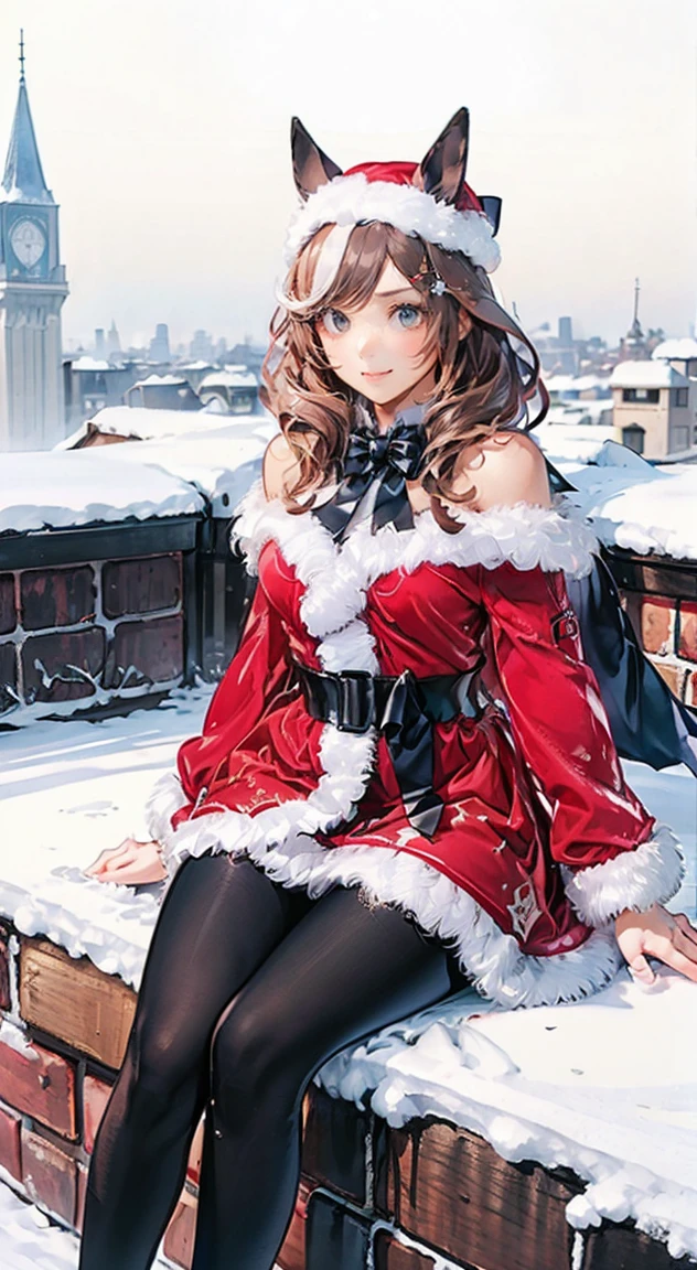   machikanetanheuser（Horse Girl ）、 brown hair、  long hair、 with a red Santa hat on her right head  、  Very Long Horse Ears    、、、、、gold eyeballs 、golden eyes、 golden eyes、   big eyes、  charming eyes、    very very big breasts ,    super big breasts   （   super big breasts ：9.9）、      Very Familiar Skin       、  赤色と白色のSanta Dress  、  セクシーミニスカートSanta Dress 、   wearing black pantyhose       、    wearing black stockings   、Santa Dress、 sitting on a snowy roof    、Snow Scene ,    red eyes 、 red eyes  , big red eyes 、    sitting on a chimney on a snowy roof   ,    セクシーなポーズでSanta Dressを着て   ,            she is having a sexy session on the roof of her house      ,        cowboy　Shoot Alone   ,          High Quality          , Many details,   realistic   (    VERY LOW CUT      ) 、smile、満面のsmile、恋人に見せるsmile、かわいいsmile、 laughs