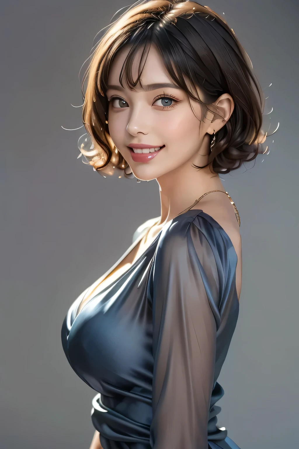 (1.  Beautiful Woman,   supermodel that causes cleavage ), (  perfect anatomy ),   Anatomically Correct Body Shape , (  Cowboy Shots ), Golden Ratio, (  top quality:1.4), 32k resolution, ( realistic :1.5), (超 realistic :1.5), High resolution UHD, (  Masterpiece  :1.2)), (  top quality:1.4), (  Very Beautiful Face Details  ), (Grin), (  top qualityの realistic な肌のテクスチャ), ((blue silk dress 、 it has large curls on the side :1.37)),   big earrings ,   Necklaces  , (Big Breasts:1.3),   very detailed,     beautiful eyes  ,   double eyelids ,   eyelash  , Shaping your eyebrows, ((  very detailed)),   red cheeks  , Ultra-realistic eyes, Perfect Lips,   perfect eyes,   full rainbow  ,   Natural Cosmetics , [  put pink lipstick ], ((  top qualityの    beautiful eyes  :1.2)), (  beautiful lips:1.33), (Great nose:1.2), (  brunette pixie cut ), (( realistic )), ((   sharp concentration )), (  highest resolution), ((The most ridiculous quality)), ((  Masterpiece  )),   Professional Cinema Lighting