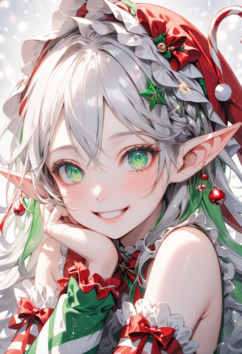 young man, twink, (((male))), (((man))), (1guy), (((single))), (((solo))), (((grey hair))), (((silver eyes))), (medium short hair), (chin-length hair), wavy hair, slim body, ((flat chest)), (((fantasy style))), (((wearing fir branches in his hair))), (((holly leaves in his hair))), ((red berries in his hair)), red berries in hair, flowercrown, ((pointy ears)), (((silver colored eyes))), smooth skin, bare legs, revealing clothes, (((wearing twigs in his hair))), holly leaves, (mistletoes), ((nuts in hair)), gold details, winter, (smiling), snowy garden in the background, snow in the background, sunny weather, (relaxing), (((lying in the snow)))