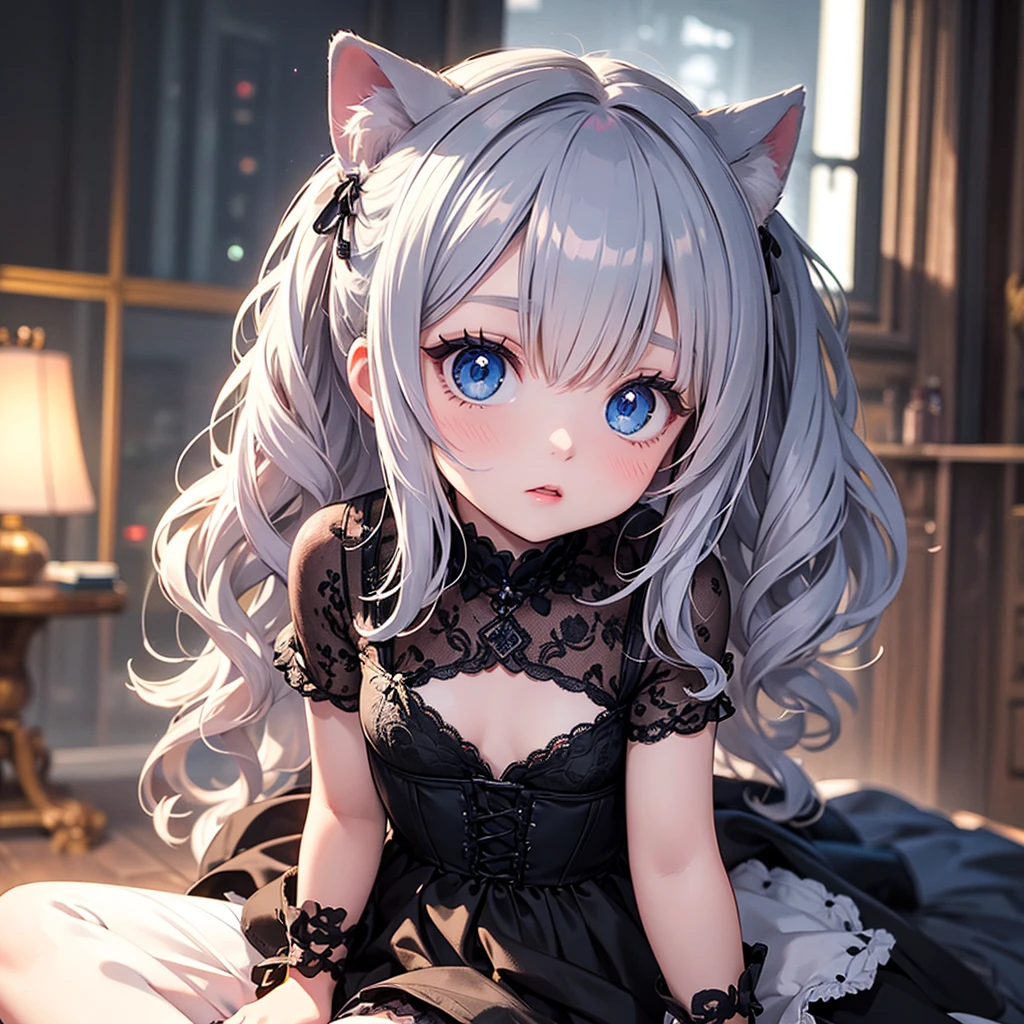 silver hair, dog ears,frill dress,wavy hair,delicate features quiet gaze,beautiful half body illustration,beautiful backgraund,atmospheric lighting,sharp focus,cute face,reduce saturation,fine detailed face,small nose and mouth,volumetric top lighting,bold line painting, soft shadow,1girl,solo,female focus,small breasts,flat tits,Lolita,short height,skinny girl,blue eyes,open legs,animal ears,
