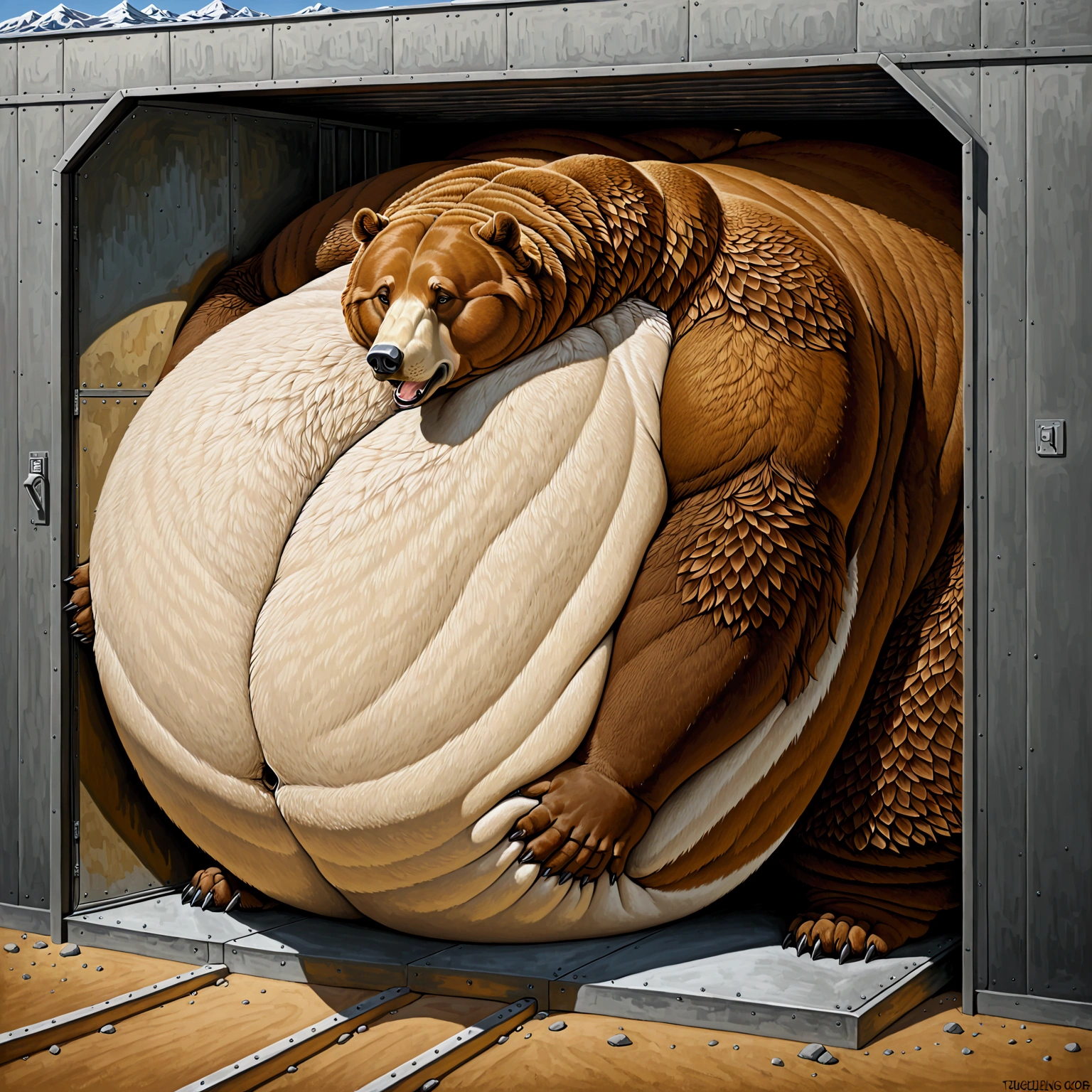 Very Extremely Morbidly-Obese Grizzly Bear with unbelievably Very very very Extremely Massive Overhang white Belly, stuck halfway through a tank door, struggling to squeeze out.