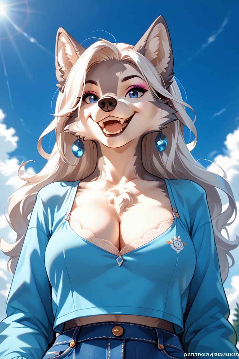 Furry,Breasts, Long Hair, Regardant le spectateur,  High resolution, Work of art, Anatomie correcte,  Best Quality,  high quality ,  very detailed, big boobs, Oreilles d'Animal, Reddened,  smile, crocs, happy, Aside, Illustration, Style Animated, Couleurs douces,  soft lighting , anthropomorphe , she-wolf, loup, wolf, female, earrings , Oreilles de Loup, white hair, Accurate, Plan Large, Perspective, Spark, Animated, 