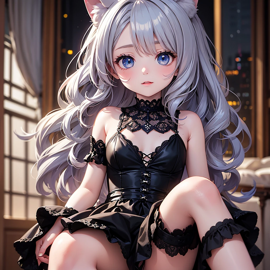 silver hair, dog ears,frill dress,wavy hair,delicate features quiet gaze,beautiful half body illustration,beautiful backgraund,atmospheric lighting,sharp focus,cute face,reduce saturation,fine detailed face,small nose and mouth,volumetric top lighting,bold line painting, soft shadow,1girl,solo,female focus,small breasts,flat tits,Lolita,short height,skinny girl,blue eyes,open legs,animal ears,
