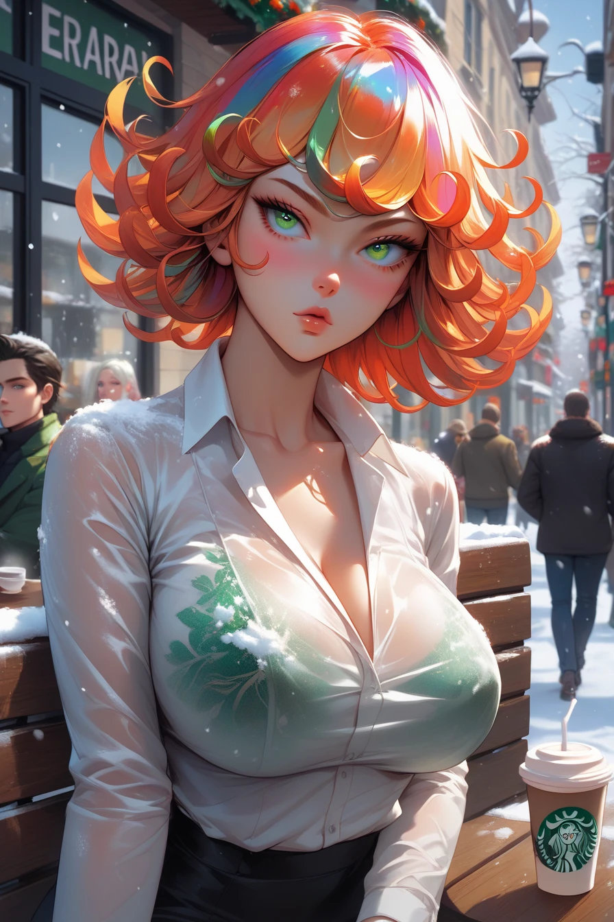 One punch men , Fubuki and Tatsumaki ,  huge breasts,  elegant translucent white shirt, open winter cover , sitting, French coffee shop ,  background of people walking in a French Quarter, Close up image, focus on the face, th3rm4l , colorful, thermal , perfect eyes, upper body, snowy,