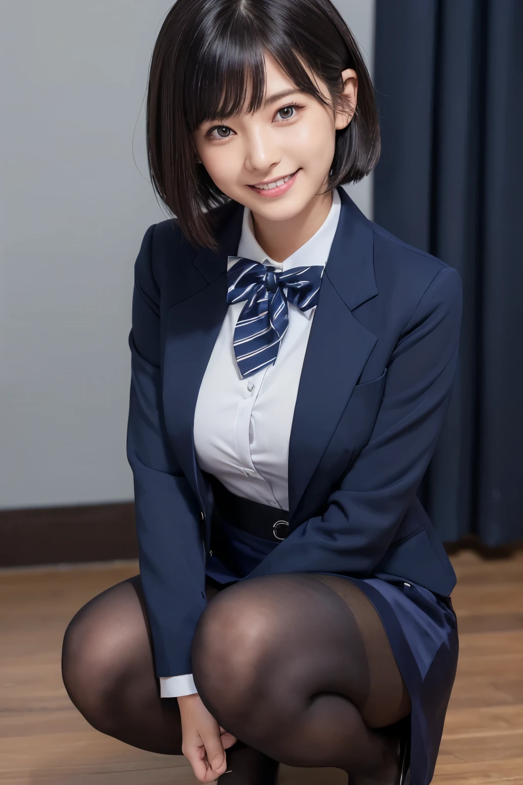 Highest quality、masterpiece、8k、Very detailed、Realistic、Looking at me with a smile、whole body、Black Hair、Short Hair、Small face、Slender、Big Breasts、Thin and beautiful legs、narrow and constricted waist,、(Tight reception uniform:1.2)