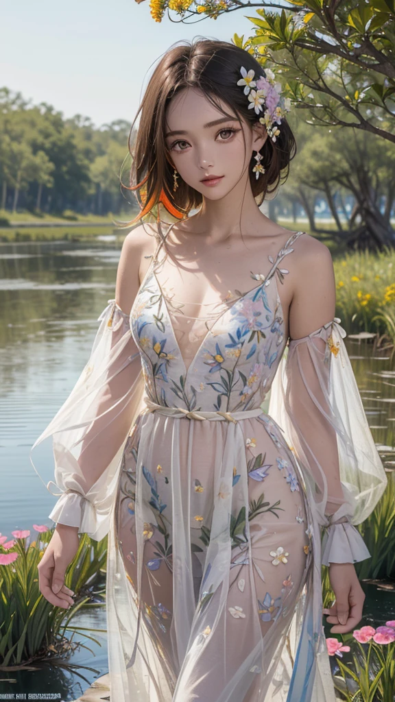 (1girl),
((A marshland with colorful flowers blooming, and beyond the marshland you can see a lake)),
(Rotten and broken boardwalk),
The dress with a large open chest area, thin waist,
beautiful face, perfect face, (detailed face), 
look at viewer
(light shining through), 
