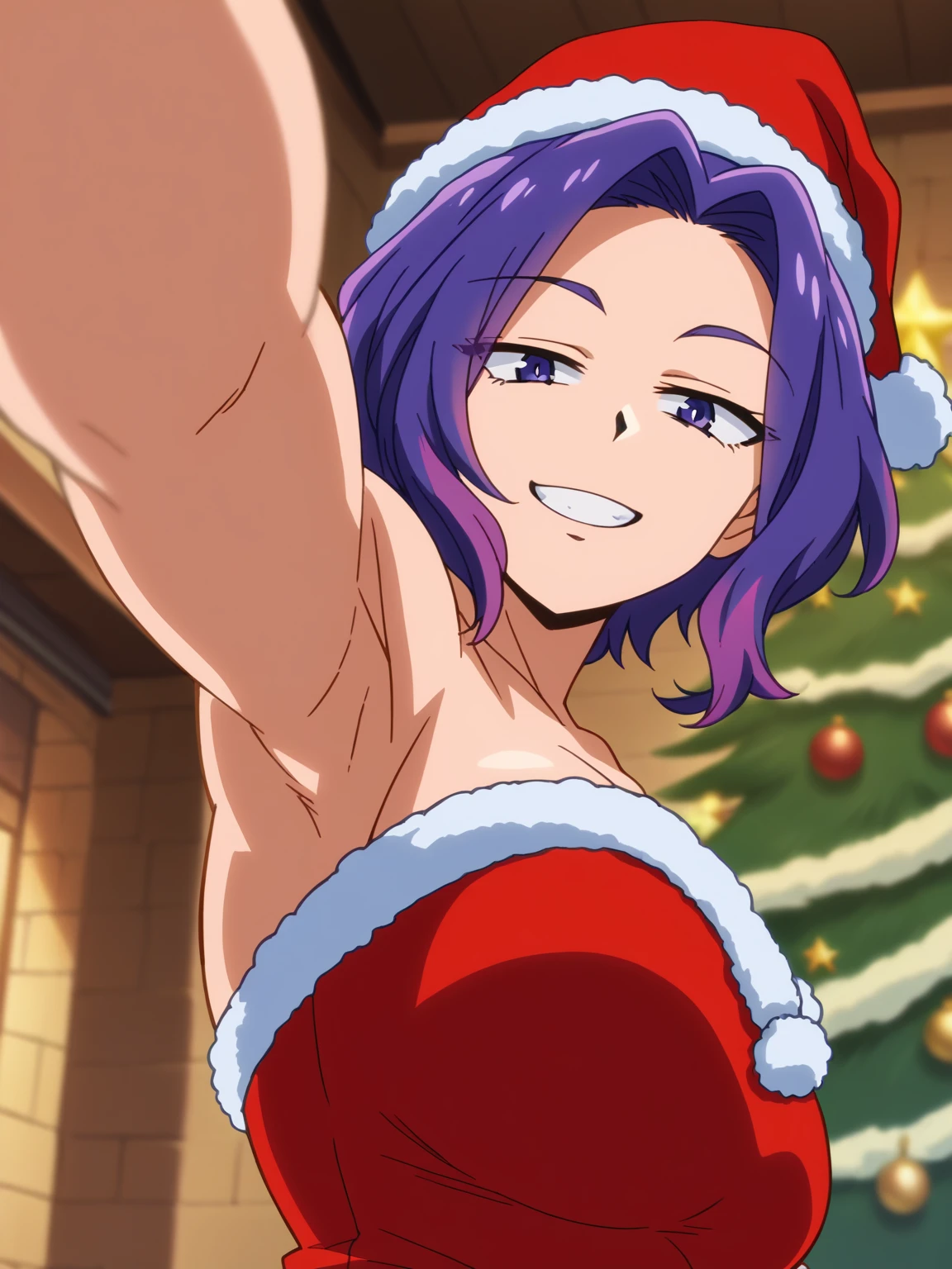 score_9, score_8_up, score_7_up, source_anime, anime screencap, 1girl, solo, lady nagant, short hair,purple hair, muscular, muscular female,purple eyes, parted bangs, Santa costume, red costume, strapless, Santa hat, arm up, raised arm, armpit, looking at viewer, head towards viewer, smile, teeth, badhandv4, indoors, Christmas tree, from side, from below, kabedon, pinning down viewer 