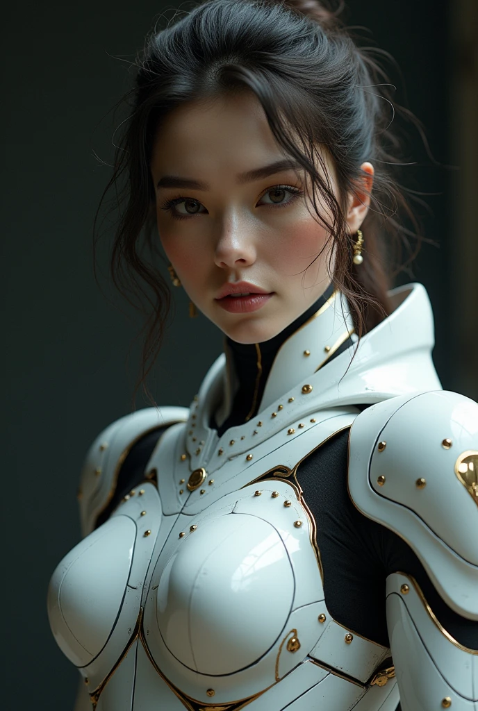   masterpiece ,  best quality, ultra realistic,  hyperdetailed ,  8k resolution , foto RAW,  sharp focus, (1 ), Alone,  stunning face ,  perfect body, mature female, 25 years,  portrait, mecha,  white armor , natoraj, Sensual,  Messy hair, cinematic,  cinematic light , dark theme