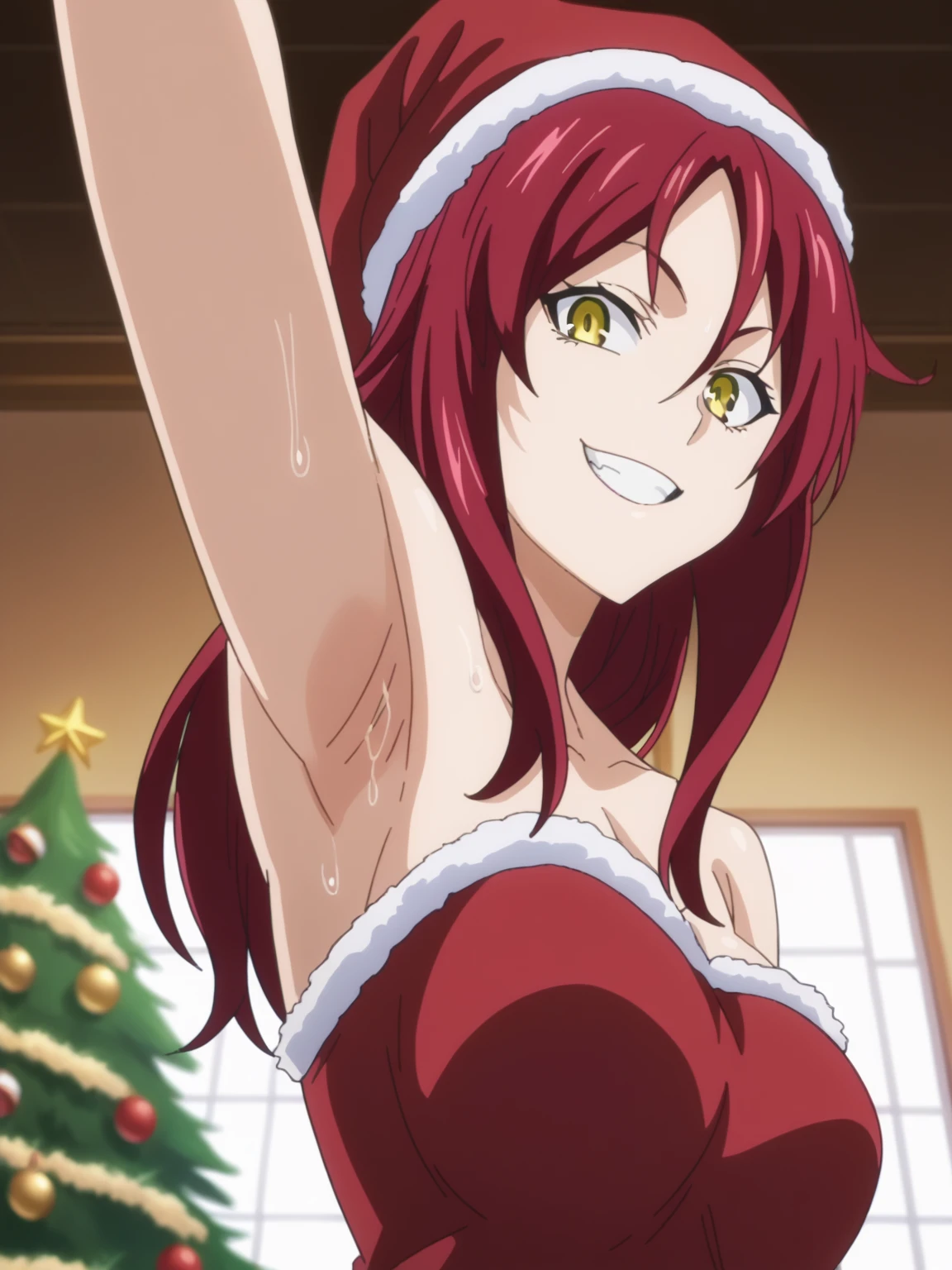 score_9, score_8_up, score_7_up, source_anime, anime screencap, 1girl, solo, rindou kobayashi, long hair, red hair, yellow eyes, parted bangs, Santa costume, red costume, strapless, Santa hat, arm up, raised arm, armpit, looking at viewer, head towards viewer, smile, teeth, badhandv4, indoors, Christmas tree, from side, from below, kabedon, pinning down viewer, sweaty armpits 