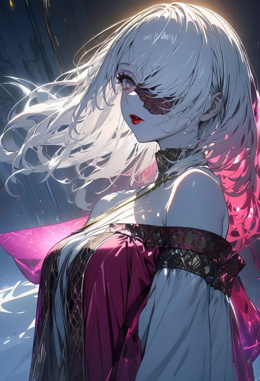 (masterpiece,  best quality:1.2,UHD,High Resolution、Detailed depiction)、 one girl、Red lipstick、 Tanned Skin、White Hair、 short bob、hair over one eye、messy hair、I have a slightly longer face veil 、 Off Shoulder Dress、 has a spear、 dynamic lighting、 flashy and gorgeous effects that have Qatar、Golden Time 