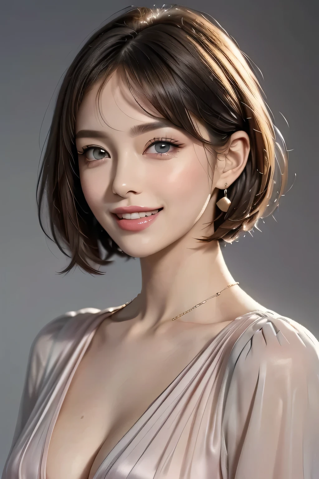 (1.  Beautiful Woman,   supermodel that causes cleavage ), (  perfect anatomy ),   Anatomically Correct Body Shape , (  Cowboy Shots ), Golden Ratio, (  top quality:1.4), 32k resolution, ( realistic :1.5), (超 realistic :1.5), High resolution UHD, (  Masterpiece  :1.2)), (  top quality:1.4), (  Very Beautiful Face Details  ), (Grin), (  top qualityの realistic な肌のテクスチャ), ((pink silk dress、 it has large curls on the side :1.37)),   big earrings ,   Necklaces  , (Big Breasts:1.3),   very detailed,     beautiful eyes  ,   double eyelids ,   eyelash  , Shaping your eyebrows, ((  very detailed)),   red cheeks  , Ultra-realistic eyes, Perfect Lips,   perfect eyes,   full rainbow  ,   Natural Cosmetics , [  put pink lipstick ], ((  top qualityの    beautiful eyes  :1.2)), (  beautiful lips:1.33), (Great nose:1.2), (  brunette pixie cut ), (( realistic )), ((   sharp concentration )), (  highest resolution), ((The most ridiculous quality)), ((  Masterpiece  )),   Professional Cinema Lighting