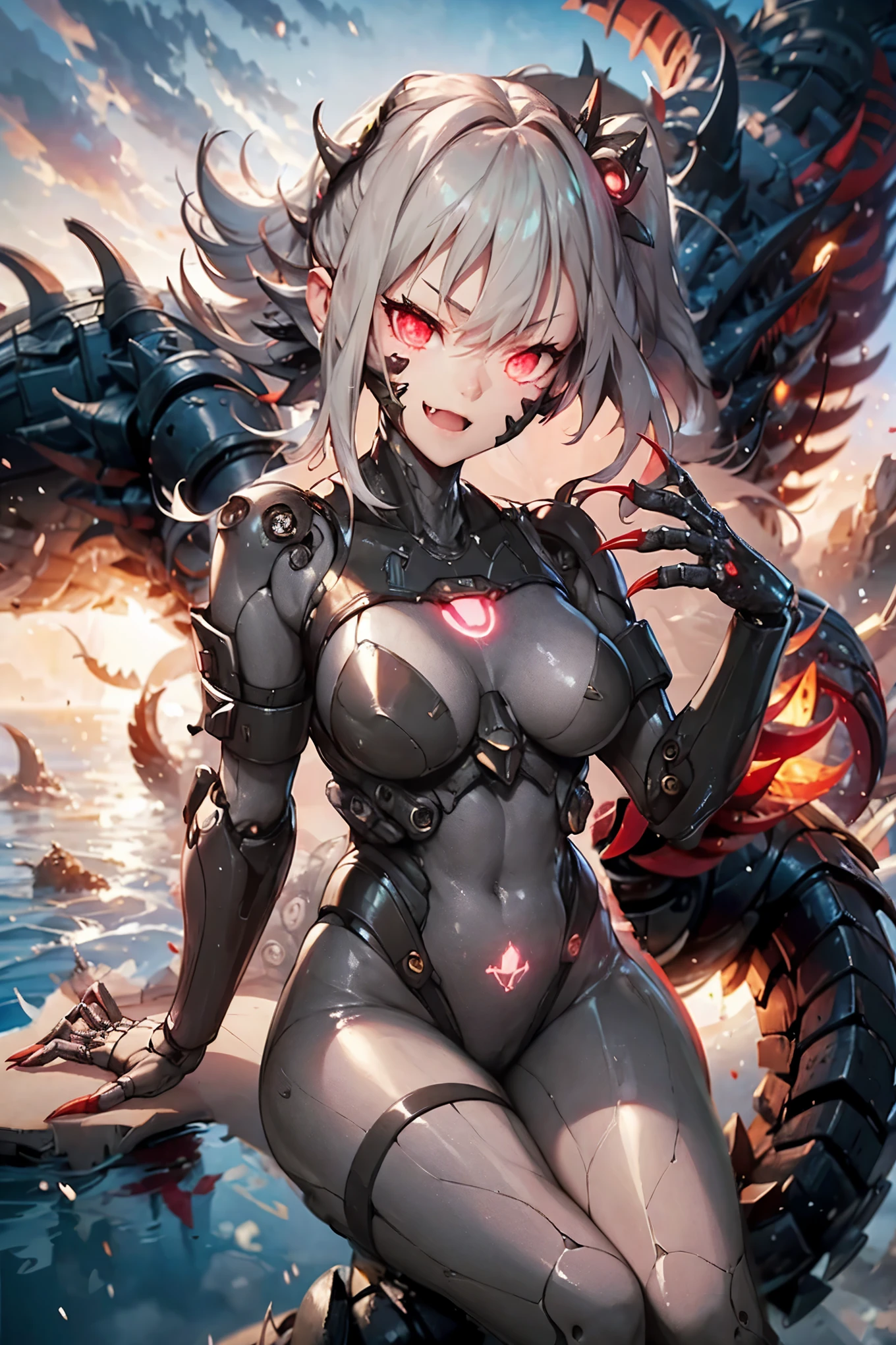 Mechanical Weapon Girl. （Close-up）Full body bodysuit. Latex. Cyber wind. Light armor. A look of contempt. Grey hair. Breasts perky. Glowing red eyes. Glowing core. A mechanical monster in the background. large sharp claws; Mechanical Fang. Red and black machine. Battleship. Sit down. Cross legs. Arms crossed. A swarm of mechanical insects.