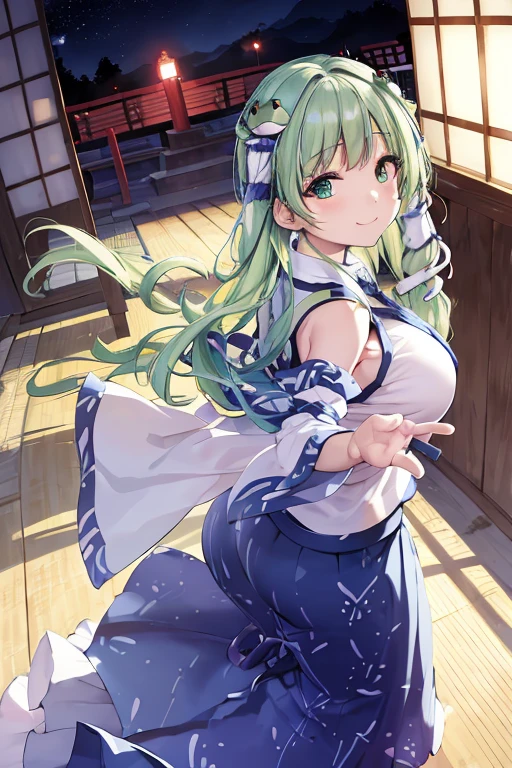   Masterpiece  ,  top quality, ( colorful ),(gentle eyes and face ),  Volumetric Light ,  ray tracing ,  Highly Detailed CG Unity 8k Wallpaper, 1 girl ,Sanae Kochiya,smile,  long hair, green hair , green eyes, Frog hair accessory , Hair Tube,snake, detached sleeve, shirt, skirt, Big Breasts ,Thick, (KBXLL-san:0.7), raise your arms ,Under the arms,Japanese temple at night , Wide Hips 、 angle from behind