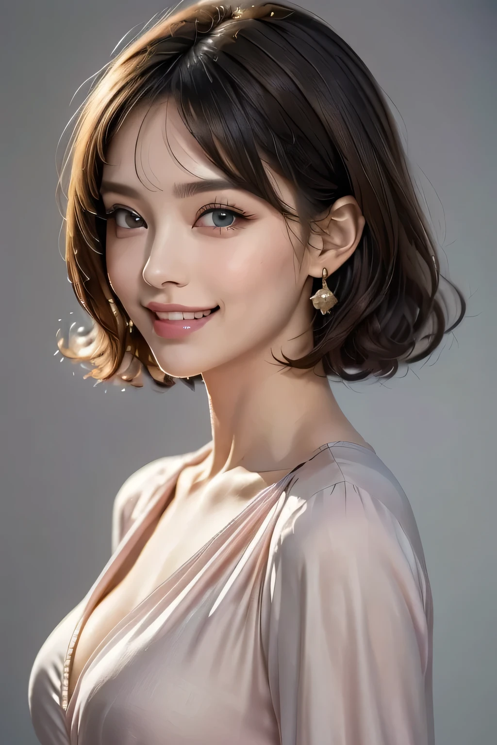 (1.  Beautiful Woman,   supermodel that causes cleavage ), (  perfect anatomy ),   Anatomically Correct Body Shape , (  Cowboy Shots ), Golden Ratio, (  top quality:1.4), 32k resolution, ( realistic :1.5), (超 realistic :1.5), High resolution UHD, (  Masterpiece  :1.2)), (  top quality:1.4), (  Very Beautiful Face Details  ), (Grin), (  top qualityの realistic な肌のテクスチャ), ((pink silk dress、 it has large curls on the side :1.37)),   big earrings ,   Necklaces  , (Big Breasts:1.3),   very detailed,     beautiful eyes  ,   double eyelids ,   eyelash  , Shaping your eyebrows, ((  very detailed)),   red cheeks  , Ultra-realistic eyes, Perfect Lips,   perfect eyes,   full rainbow  ,   Natural Cosmetics , [  put pink lipstick ], ((  top qualityの    beautiful eyes  :1.2)), (  beautiful lips:1.33), (Great nose:1.2), (  brunette pixie cut ), (( realistic )), ((   sharp concentration )), (  highest resolution), ((The most ridiculous quality)), ((  Masterpiece  )),   Professional Cinema Lighting