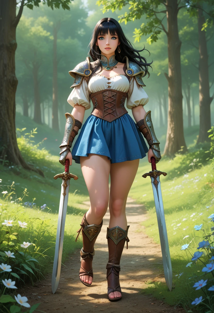 Song Eu-na is a youthful 18 yo female adventurer in a world of medieval high-fantasy story. Her job is warrior. Rocking that luscious long jet-black hair with blunt bangs and deep emerald eyes, she's also sporting a 90-62-100 B-W-H size. Her model long legs with thick thighs are to die for, both literally and figuratively. Her beauty is an epitome of natural, beauty. Her choice of armor are light and a bit revealing, western fantasy-style chest plate, mini skirt, gauntlets, heeled greaves. Sword. High fantasy-like, character for jrpg, masterpiece, best quality,