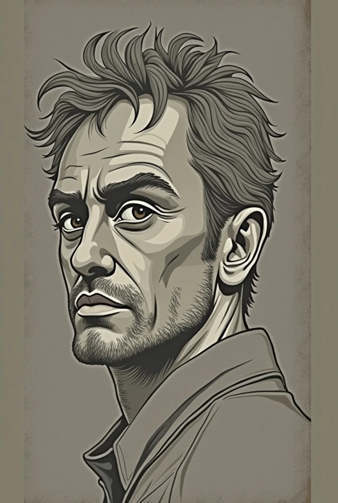 close up portrait, vector illustration, 39 years man,no beard,shepia,line vector illustration, hi detail