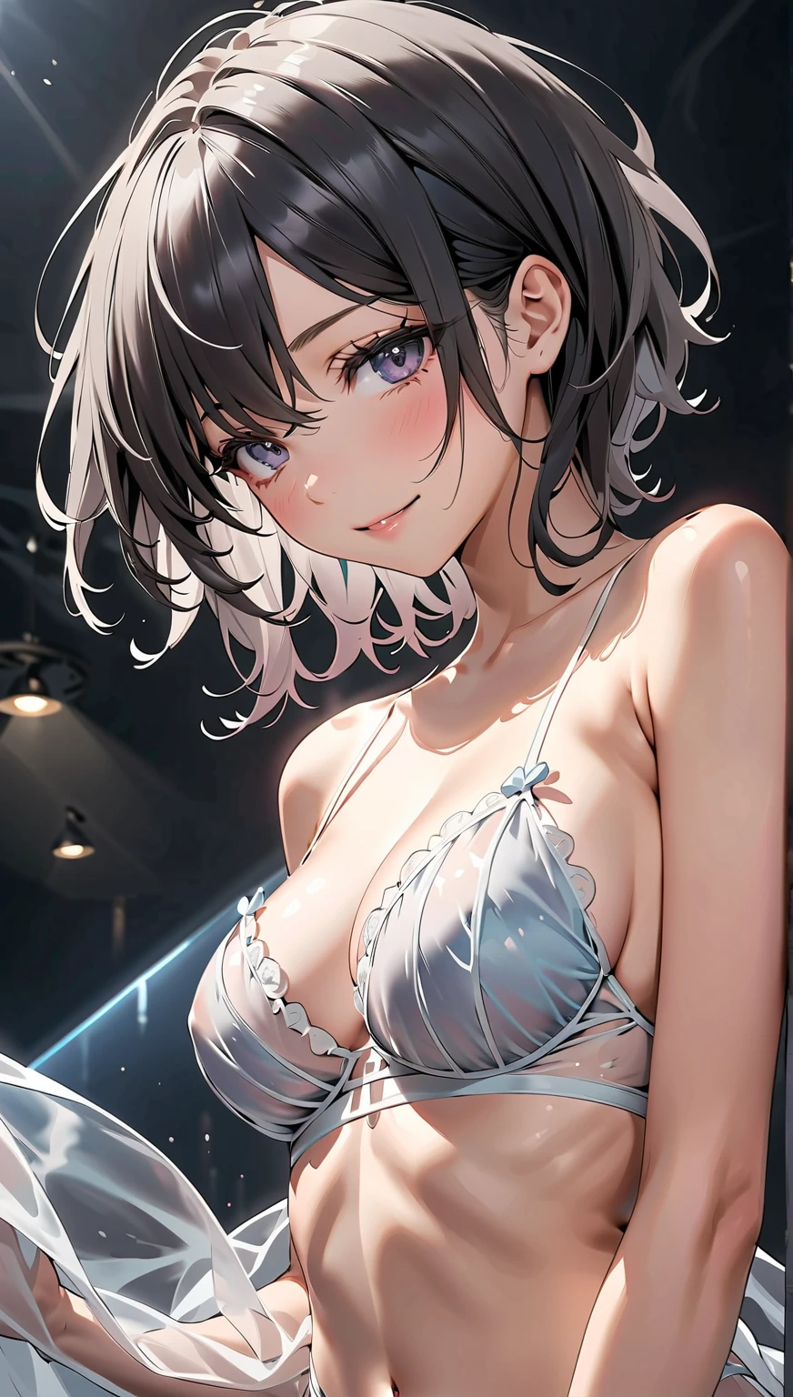 4kqulity, top-quality, Misaka_mikoto, Brown-eyed, Short_hair, Small_Breast,)on the beds Pink lingerie 16age sexypose bewitching sweat soaked body Miwaki beautiful legit abs closing eye Feeling face koi