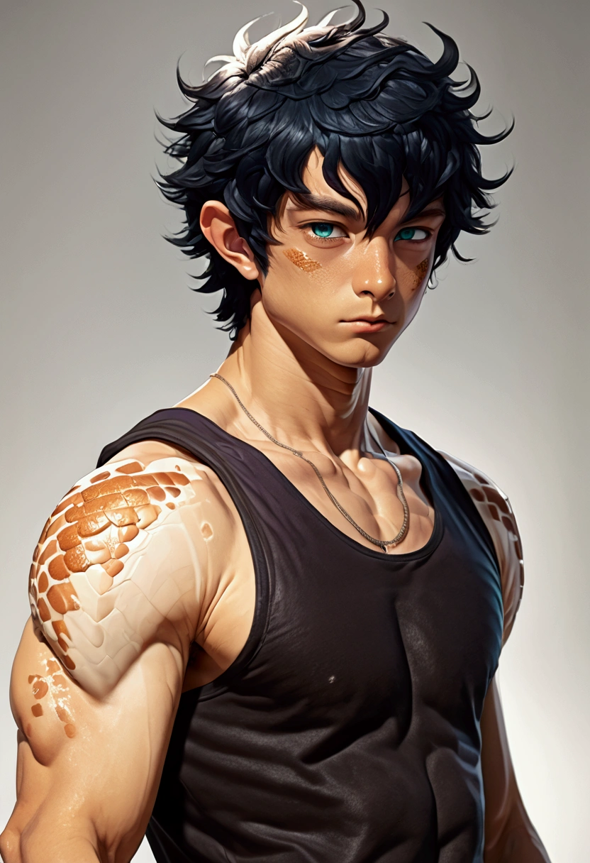 

score_9, score_8_up,score_7_up, source_anime, BREAK solo,alien humanoid, alien male, reptilian humanoid with elf-like ears ,Digital Art Style, 20-year-old boy, alien male with scales, teal skin((1.25)), Short hair, Messy black hair, Deep purple eyes, Slimmer, snake pupils{{black}}, tank top, sci fi hoodie with no sleeves, muscular