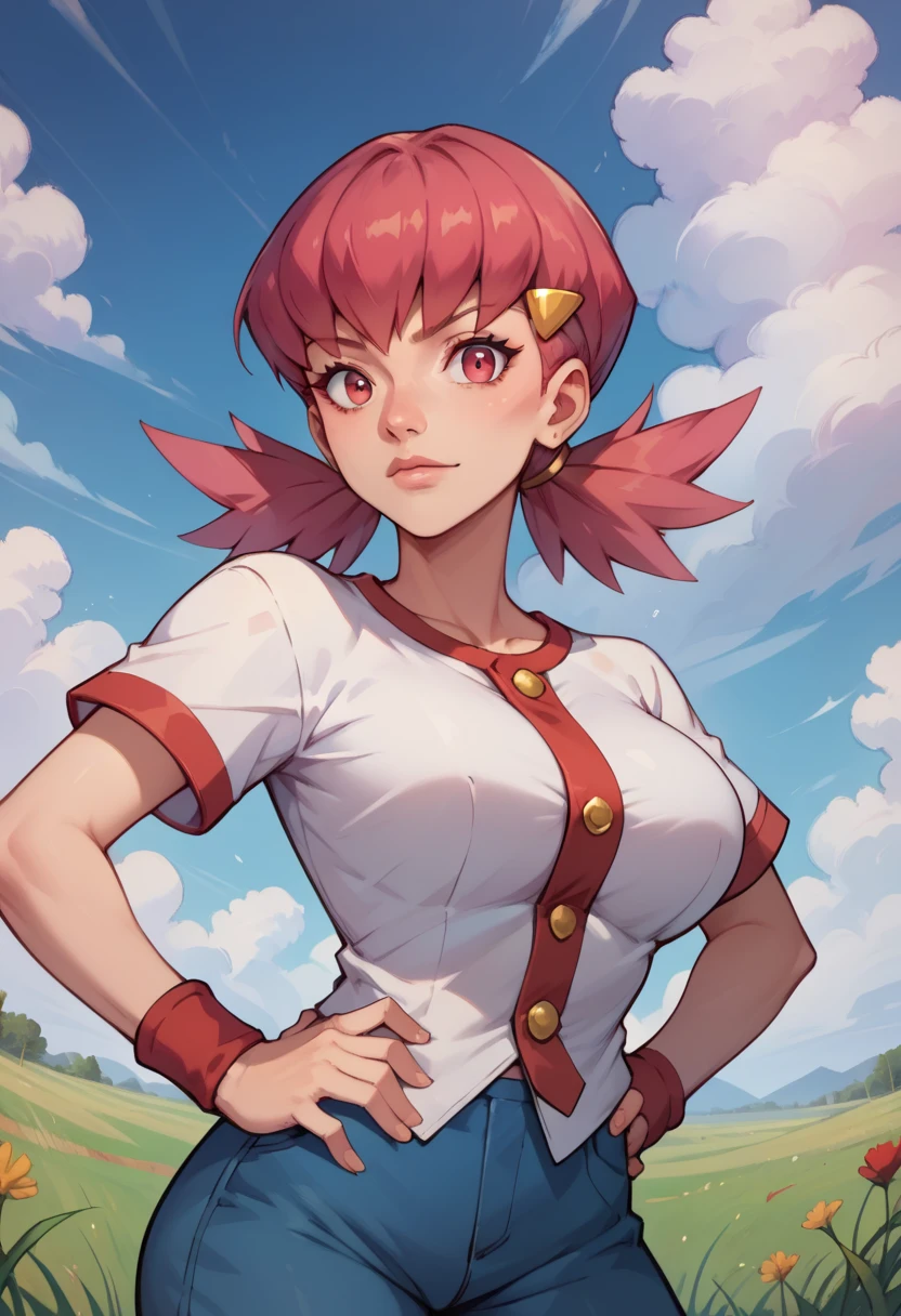 masterpiece, best quality, <lora:whitney-nvwls-v1-000009:0.9> defwhitney, hair ornament, white shirt, short sleeves, blue shorts, wristband, large breasts, fists, closed eyes, :D, happy, pointing, looking at viewer, field, blue sky, trees