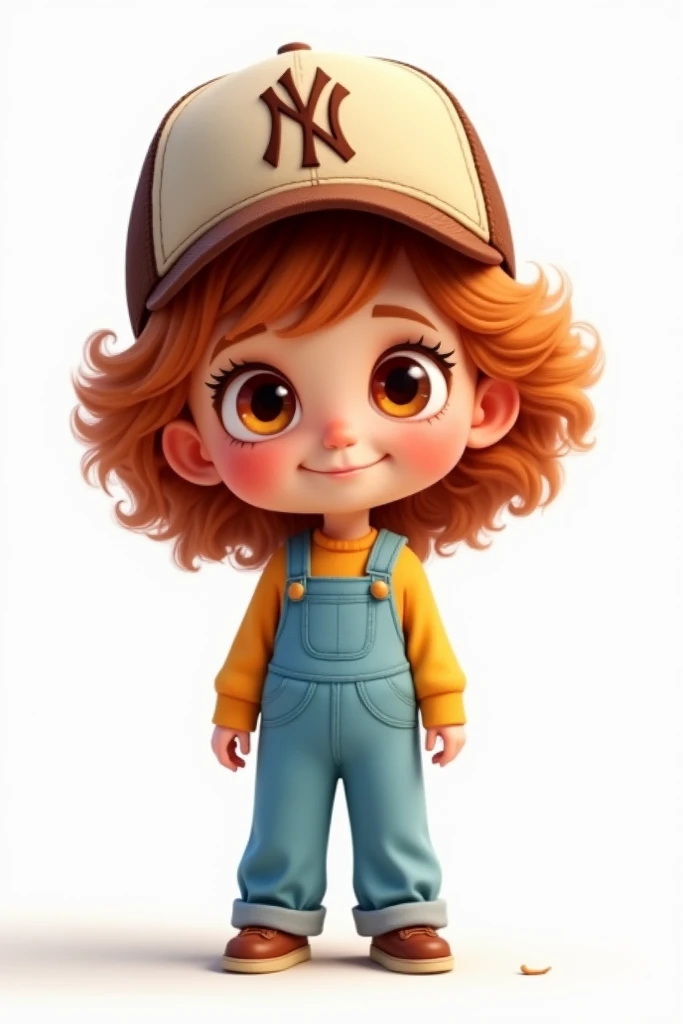 Short girl with curly copper-colored hair, brown eyes, with a light and dark brown bi-colored cap with the NY logo, with a light blue jumpsuit with a white background , Disney Pixar style