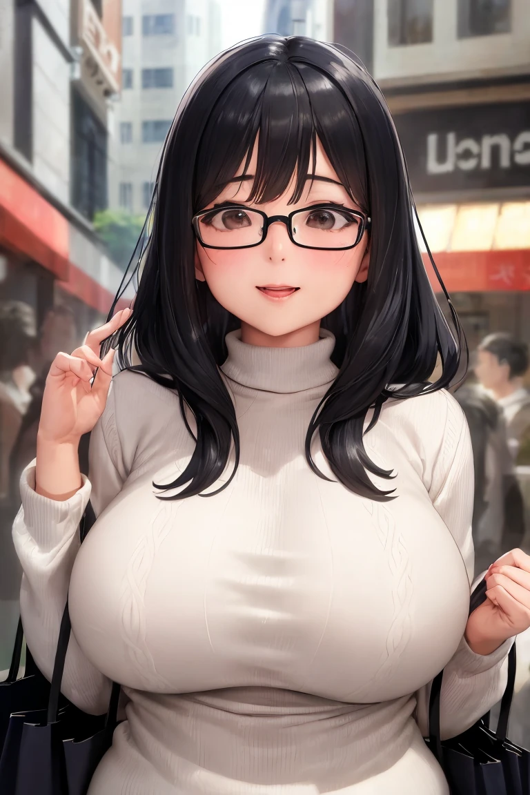 Alone,Mature Woman、Clothing、 with incredibly big breasts、Heavy chest、WIDE HIP、Glamour、 chubby、 plump 、Glasses、 bangs separated at center、 black hair、smile、 V neck sweater、Small wrinkles around the mouth 、 small wrinkles around the eyes 、Shopping Street、upper body、