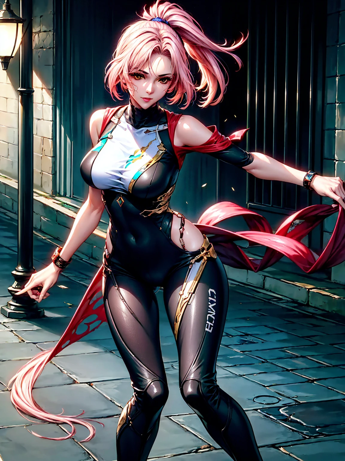 


"A highly detailed and dynamic illustration of a female superhero inspired by the Marvel Universe. She has an athletic and curvy physique with a narrow waist, glossy lips, and defined muscles. She is wearing a tight white and pink spandex bodysuit with a distinctive white capelet reminiscent of Gwenpool's style. Her half-face mask reveals her ponytail with blonde hair and pink eyes. She is in an action pose, wielding two Uzis in her hands while katanas are strapped behind her back. The setting is a combat environment with flying bullets, enemy blood, and a powerful expression on her face. The image is rendered in 4K quality, capturing the intricate details of her outfit, weapons, and the dynamic atmosphere of the battle."

