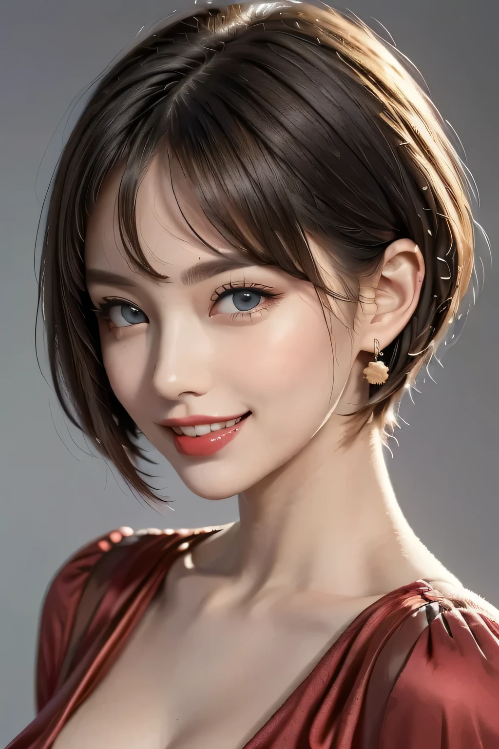 (1.  Beautiful Woman,   supermodel that causes cleavage ), (  perfect anatomy ),   Anatomically Correct Body Shape , (  Cowboy Shots ), Golden Ratio, (  top quality:1.4), 32k resolution, ( realistic :1.5), (超 realistic :1.5), High resolution UHD, (  Masterpiece  :1.2)), (  top quality:1.4), (  Very Beautiful Face Details  ), (Grin), (  top qualityの realistic な肌のテクスチャ), ((red silk dress、 it has large curls on the side :1.37)),   big earrings ,   Necklaces  , (Big Breasts:1.3),   very detailed,     beautiful eyes  ,   double eyelids ,   eyelash  , Shaping your eyebrows, ((  very detailed)),   red cheeks  , Ultra-realistic eyes, Perfect Lips,   perfect eyes,   full rainbow  ,   Natural Cosmetics , [  put pink lipstick ], ((  top qualityの    beautiful eyes  :1.2)), (  beautiful lips:1.33), (Great nose:1.2), (  brunette pixie cut ), (( realistic )), ((   sharp concentration )), (  highest resolution), ((The most ridiculous quality)), ((  Masterpiece  )),   Professional Cinema Lighting
