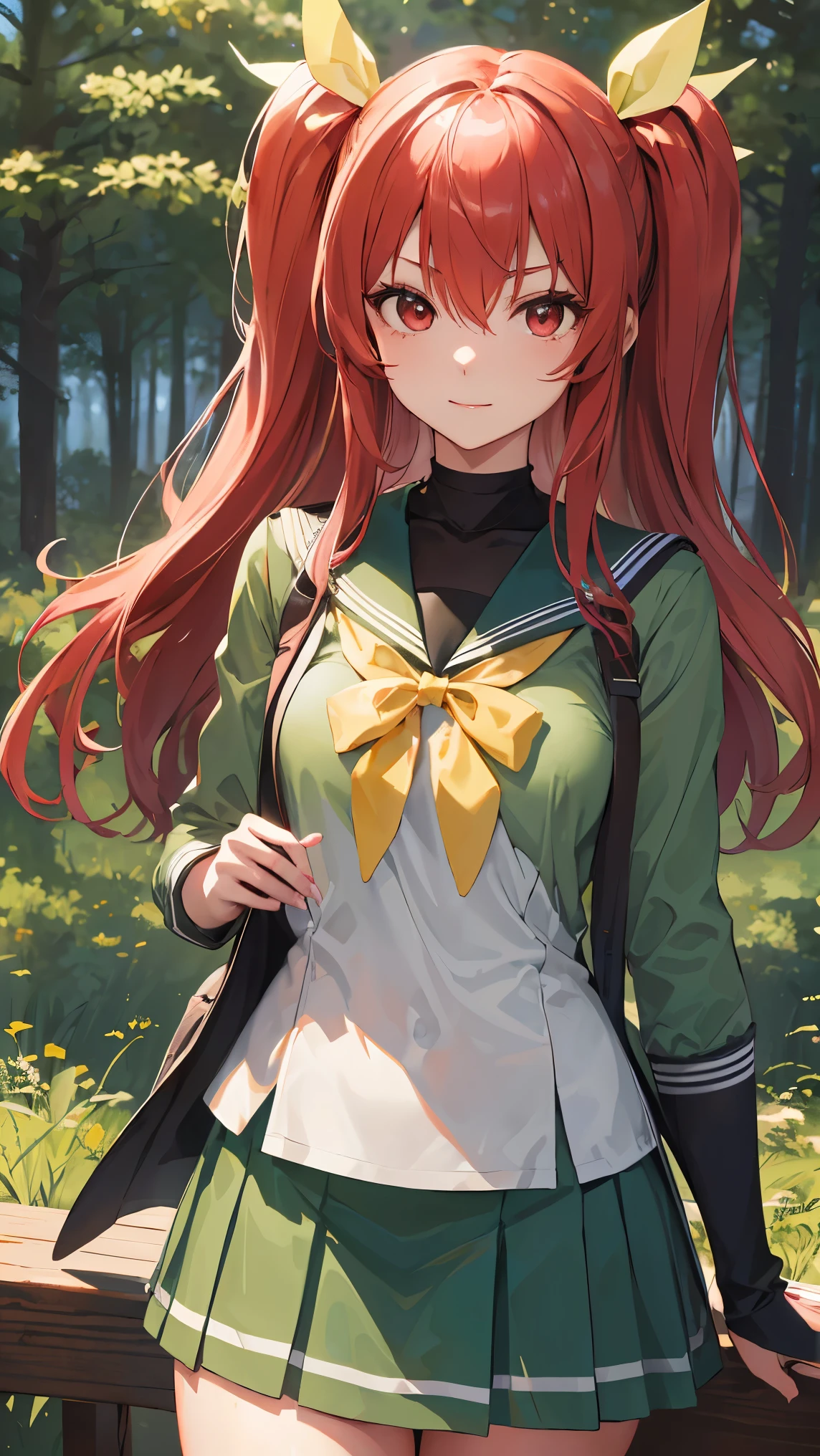 stella vermillion, long hair, (red eyes:1.3), ribbon, twintails, hair ribbon, red hair,
BREAK ((school uniform, serafuku, green shirt, green skirt, long sleeves, bow, kneehighs:1.2)),
BREAK Standing at the green forest with natural magical lights,
BREAK ((anime girl)), best quality, expressive eyes, perfect face, (masterpiece), best quality, expressive eyes, perfect face, ((best quality)), ((ultra-detailed)), ((an extremely delicate and beautiful)), perfect eyes, perfect body, ((synmetry eyes)), beautiful eyes, ((thick thighs)), shiny skin, soft skin, ((synmetry body)), ((perfect body)),