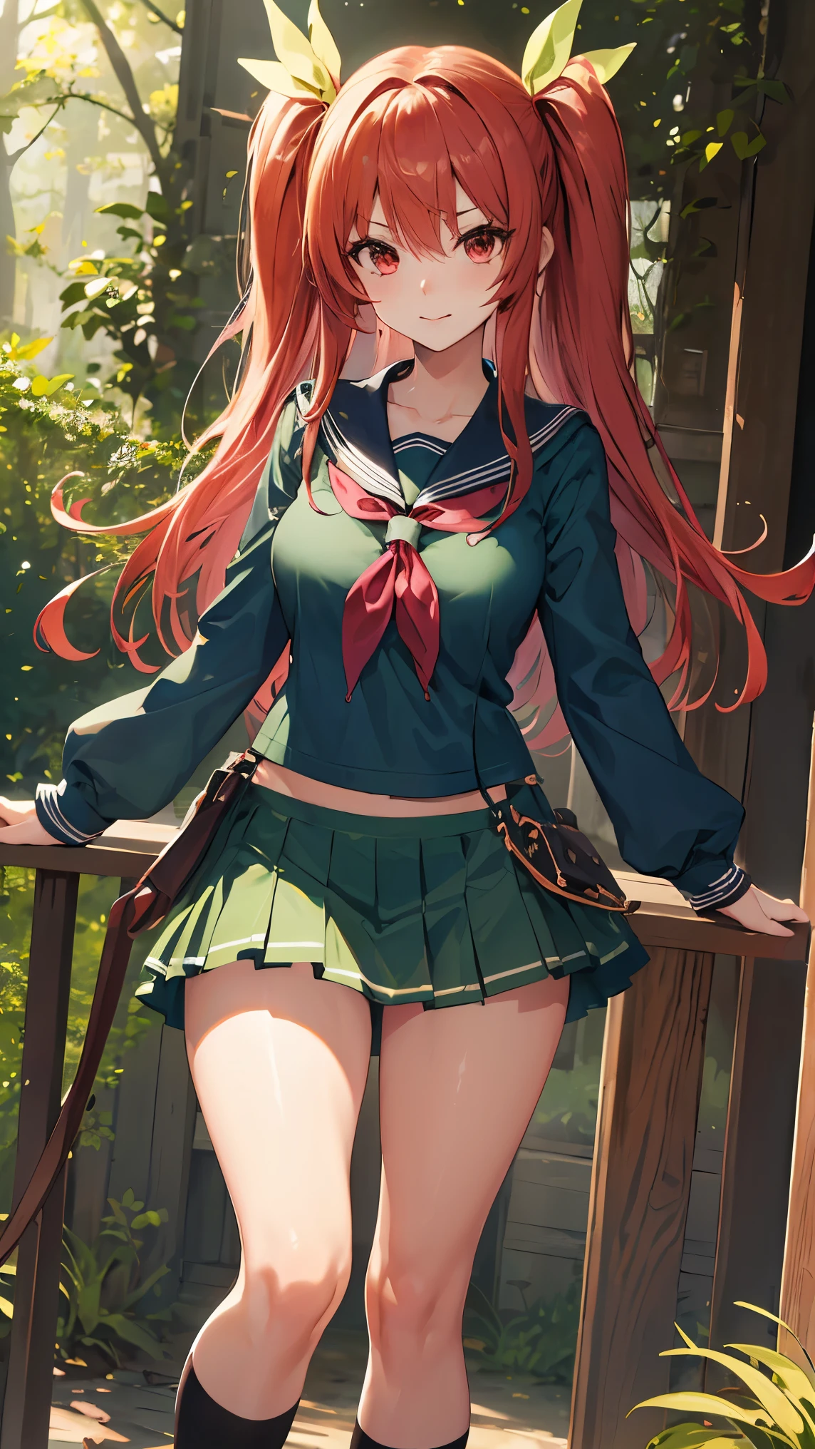 stella vermillion, long hair, (red eyes:1.3), ribbon, twintails, hair ribbon, red hair,
BREAK ((school uniform, serafuku, green shirt, green skirt, long sleeves, bow, kneehighs:1.2)),
BREAK Standing at the green forest with natural magical lights,
BREAK ((anime girl)), best quality, expressive eyes, perfect face, (masterpiece), best quality, expressive eyes, perfect face, ((best quality)), ((ultra-detailed)), ((an extremely delicate and beautiful)), perfect eyes, perfect body, ((synmetry eyes)), beautiful eyes, ((thick thighs)), shiny skin, soft skin, ((synmetry body)), ((perfect body)), 