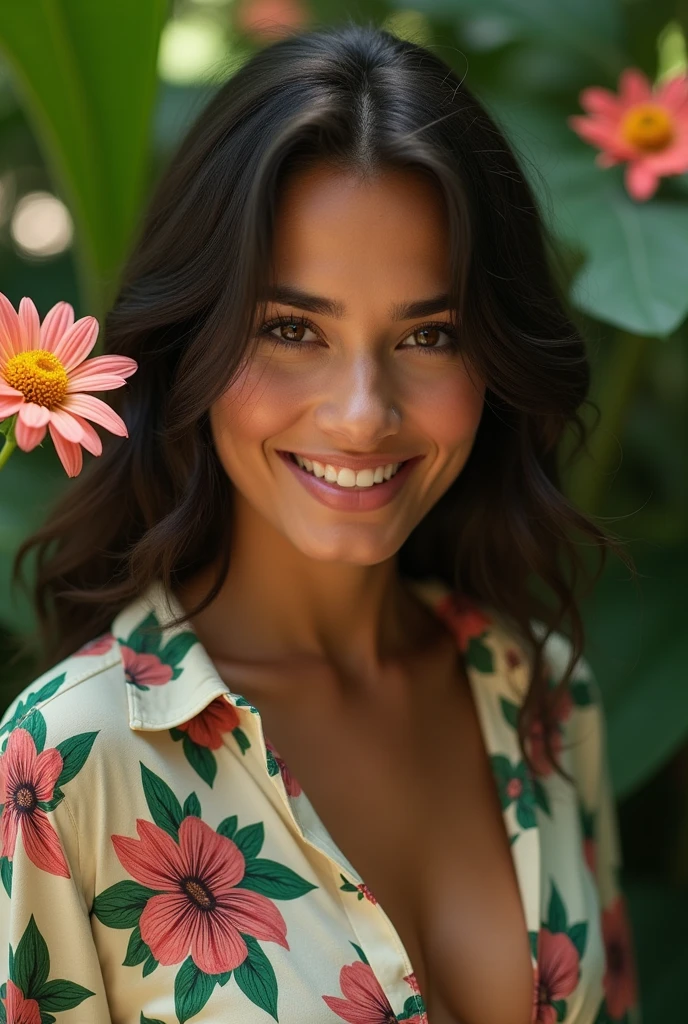 A Brazilian woman in a lush tropical garden, wearing an open shirt with a floral print, with a close-up capturing the harmonious beauty between her breasts and the natural flowers, showing off your natural charm and outgoing personality.