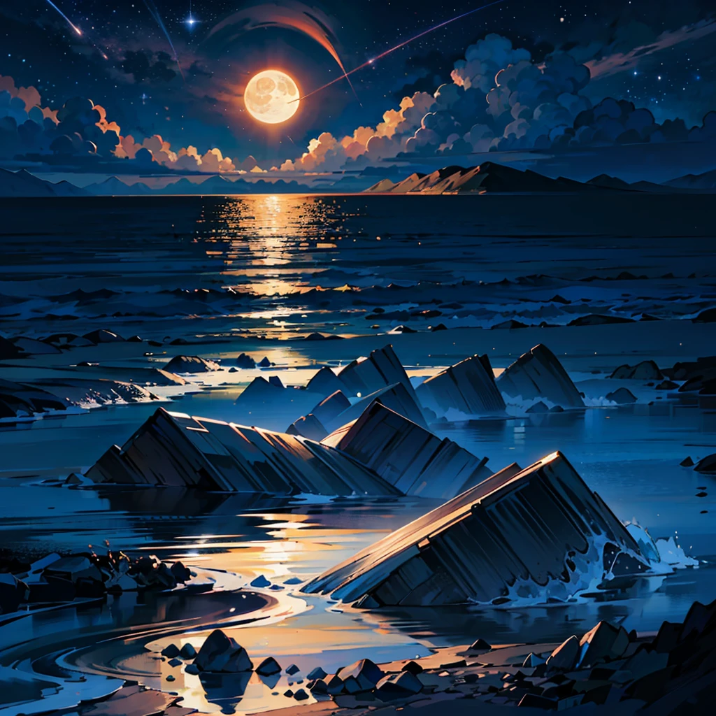 Landscape, starry night, moonlight, (deep night:1.5), quiet night, moonlit ocean, ((UHD, masterpiece, super detail, best quality, high-res, 8k)), no sun, no orange light.