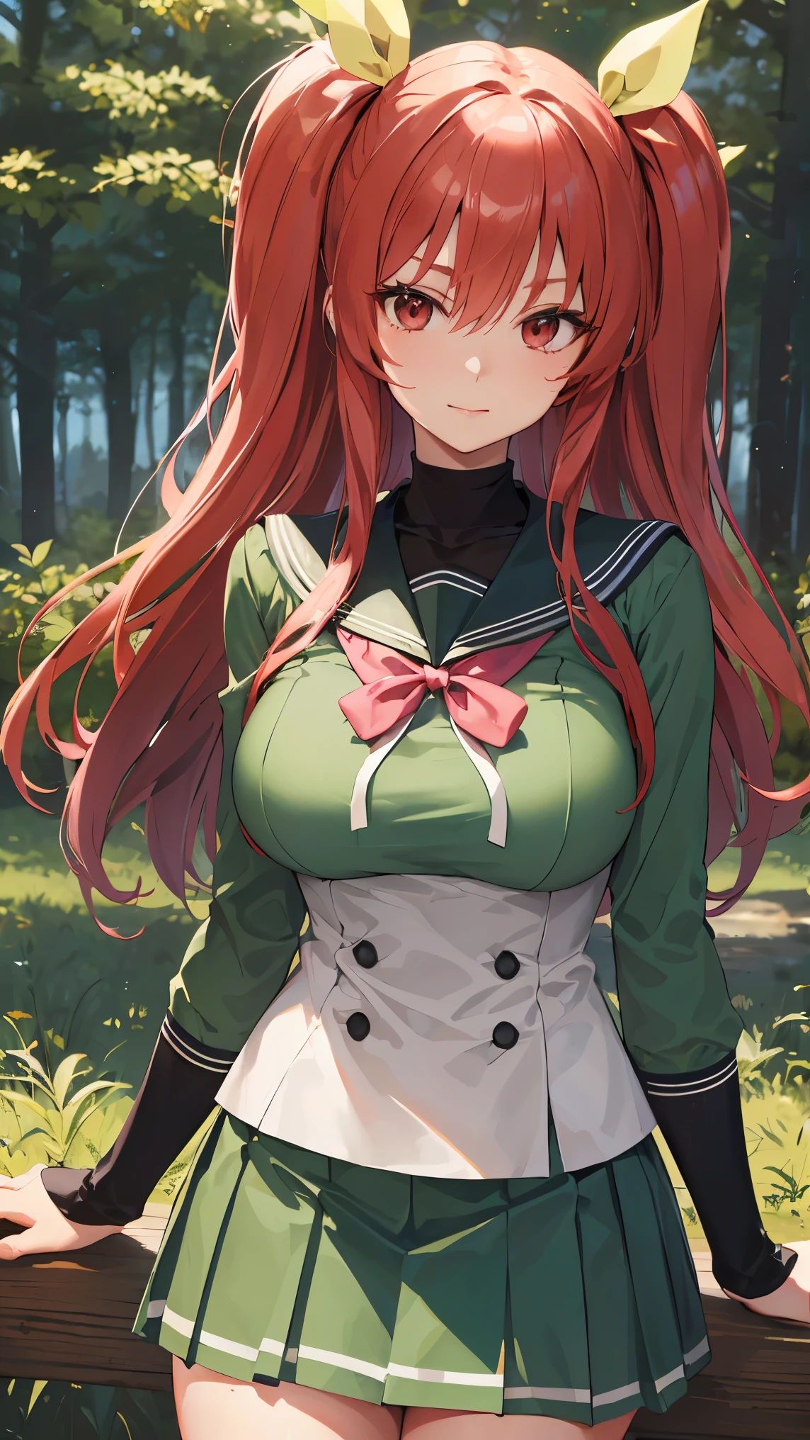 stella vermillion, long hair, (red eyes:1.3), ribbon, twintails, hair ribbon, red hair, Large Breast,
BREAK ((school uniform, serafuku, green shirt, green skirt, long sleeves, bow, kneehighs:1.2)),
BREAK Standing at the green forest with natural magical lights,
BREAK ((anime girl)), best quality, expressive eyes, perfect face, (masterpiece), best quality, expressive eyes, perfect face, ((best quality)), ((ultra-detailed)), ((an extremely delicate and beautiful)), perfect eyes, perfect body, ((synmetry eyes)), beautiful eyes, ((thick thighs)), shiny skin, soft skin, ((synmetry body)), ((perfect body)),