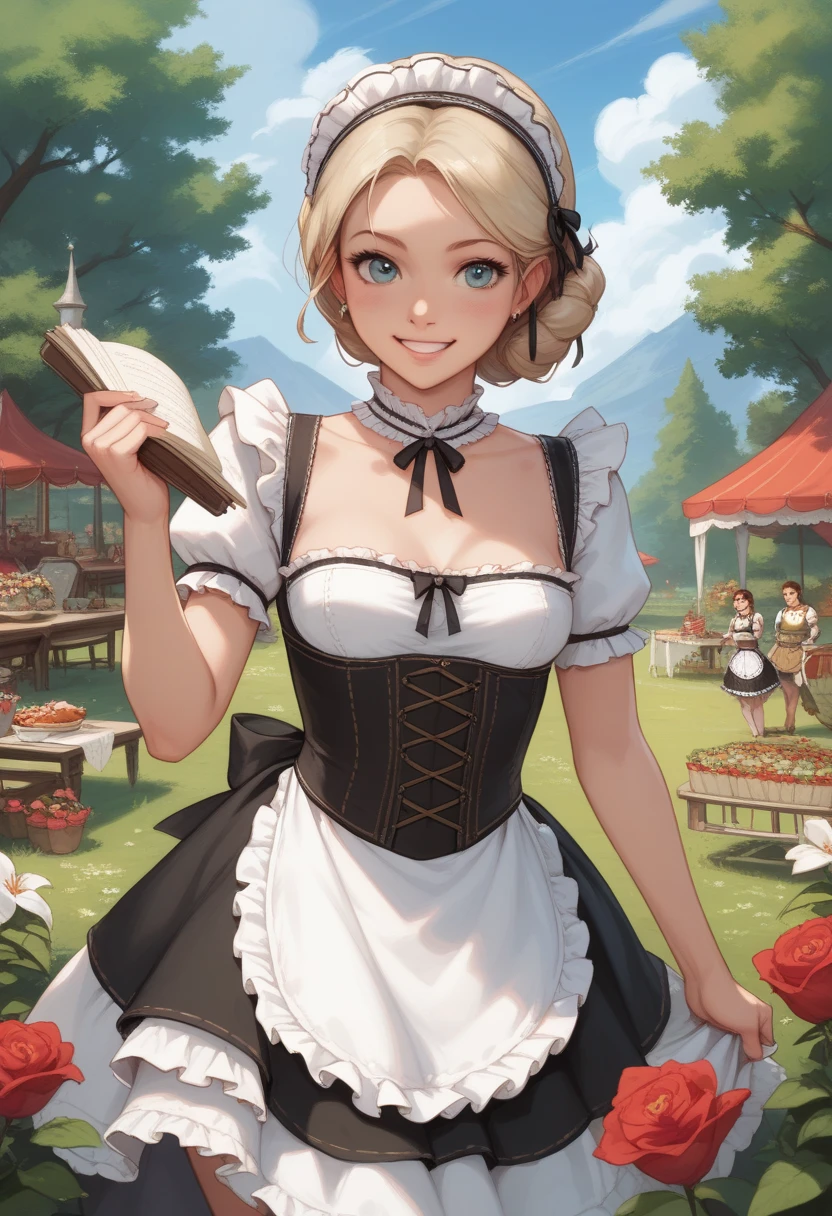 masterpiece, best quality, score_9, score_8_up, girl, petite, smile, outdoor, dirndl,