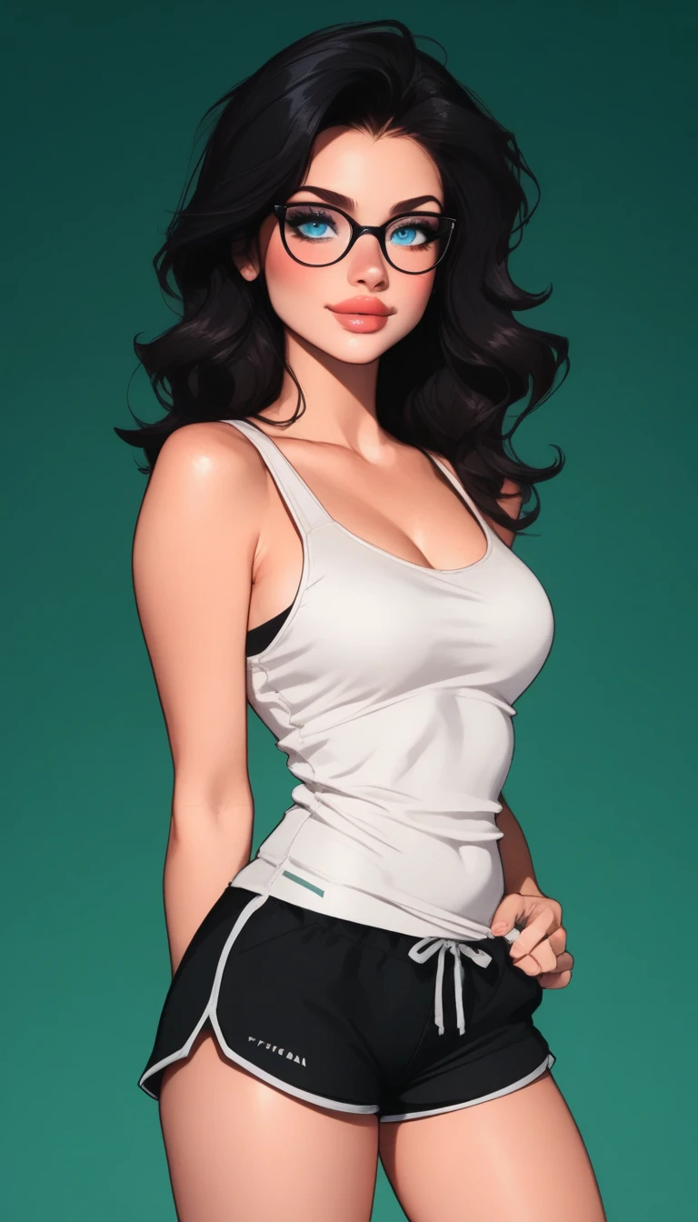 (  masterpiece ), ((( higher quality )), (super detailed), 1 , ( Long wavy black hair : 1.2), , anime, glasses,  white tank top and sexy black dolphin shorts, standing, Pose for TikTok , big blue eyes ,  full lips , gradient green background ,