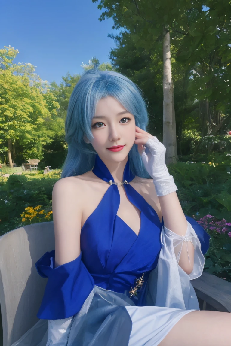     ulzzang-6500-v1 .1,(raw photo:1.2),((photorealistic:1.30)), ((best quality)) ,((masterpiece)),((Ultra High Resolution)), ((Clear View)),,Ultra-high resolution,Clear face,（Reality：1.4) ,  illustration, an extremely delicate and beautiful, extremely detailed ,CG ,unity ,8k wallpaper, Amazing, finely detail, masterpiece,best quality,official art,extremely detailed CG unity 8k wallpaper,absurdres, incredibly absurdres, huge filesize, ultra-detailed,  highres icon, extremely detailed,beautiful detailed girl, extremely detailed eyes and face, beautiful detailed eyes,light on face,cinematic lighting, 1girl, solo, blue hair, looking at viewer, smile, sitting, cowboy shot, robin cosplay costume, elbow gloves, cosplay, gauntlets, gloves, dress, blue dress, pantyhose, (Veil), hood, shorts, (garden background:1.3), Night sky, shooting stars, meadows, trees, fallen leaves,Arms behind back, Tree, Flower,