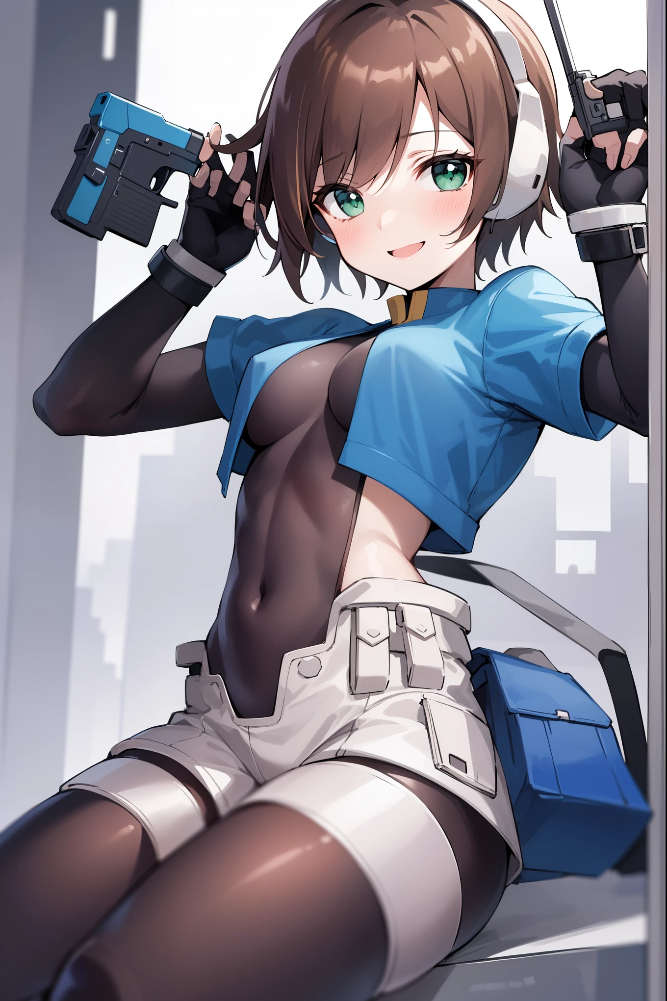 aile_megamanzx, kneeling with one hand on the ground and the other arm raised, 1girl, solo, short hair, brown hair, short sleeves, (bodysuit), robot ears, green eyes, short_shorts, short sleeves, short over long sleeves, smile, in futuristic city, , high quality, medium_breasts,crotch, slouch
